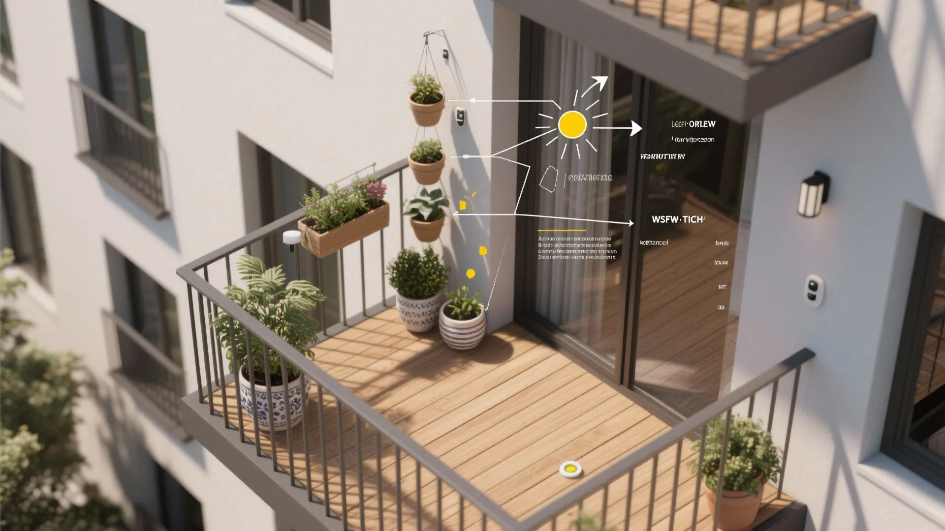 Outdoor balcony layout showing sunlight path for plants and light fixture placement with text labels