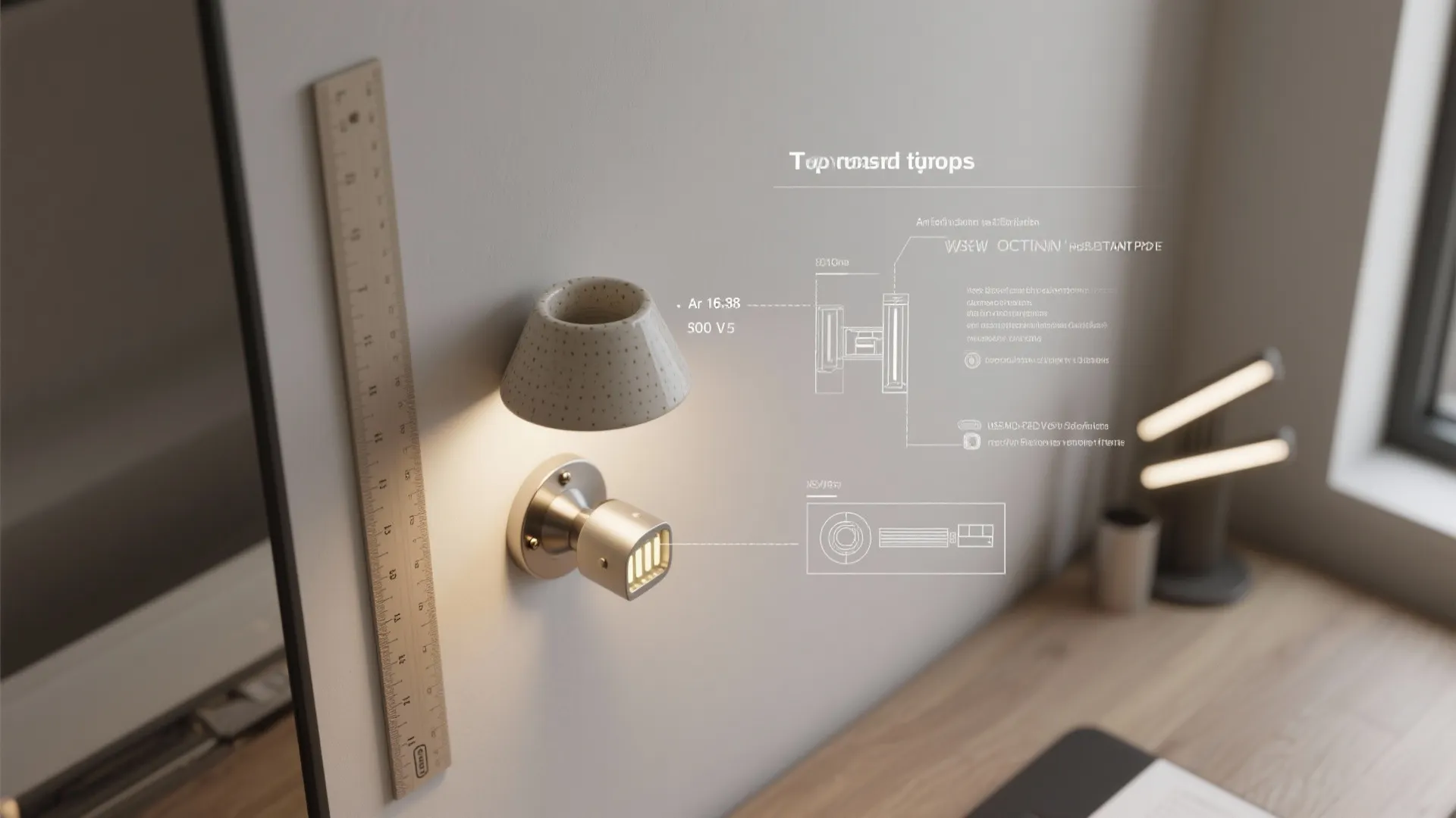 Technical interior design drawing showing small wall light fixture placement with measurements and wooden ruler