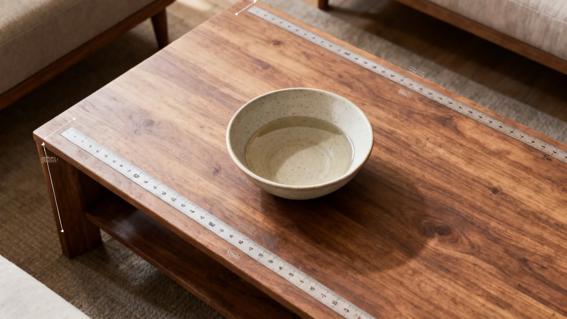 Top view of a wooden coffee table with a ceramic bowl and white measuring tape lines