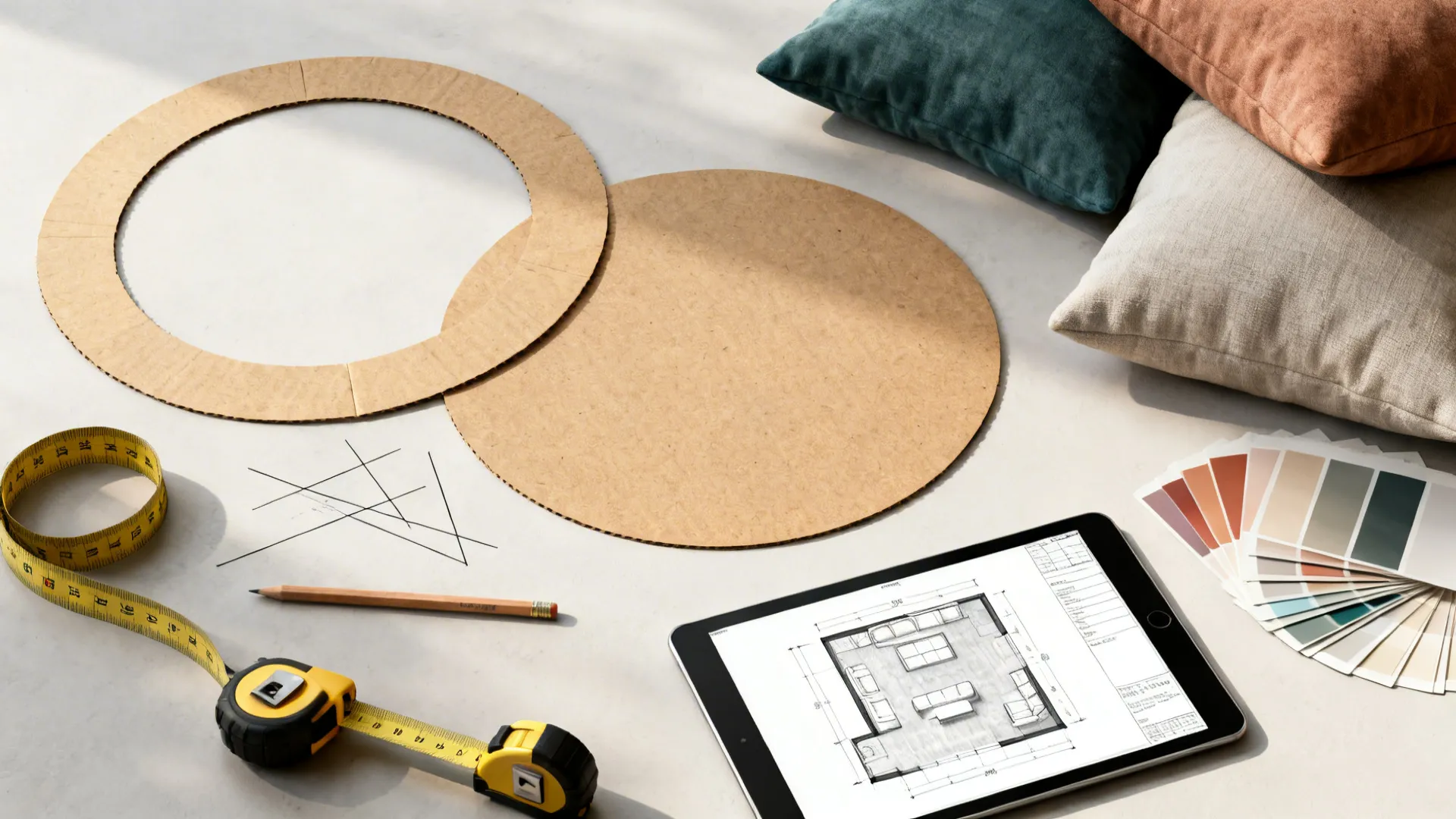 Flatlay of kraft paper circle templates, measuring tape, and a tablet with a room planner for planning art placement