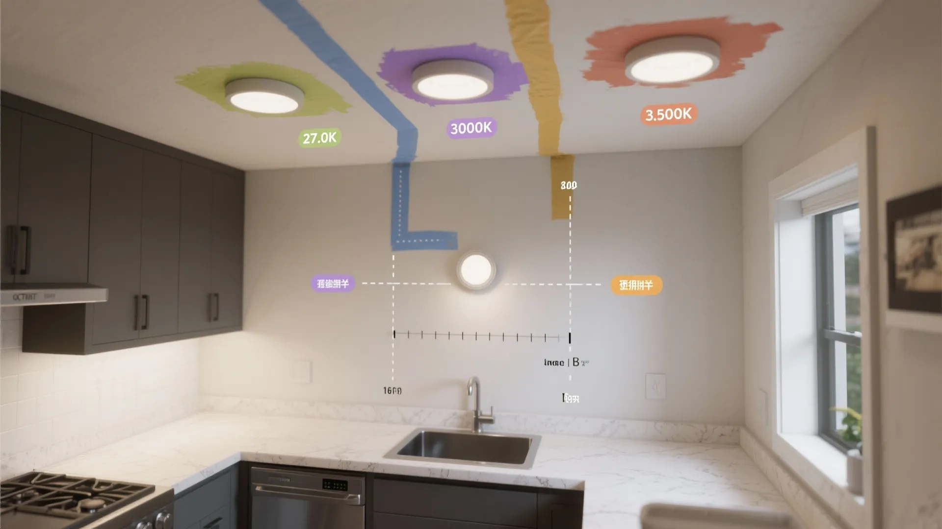 Modern kitchen rendering with ceiling light options color temperature labels marble countertop and grey cabinets