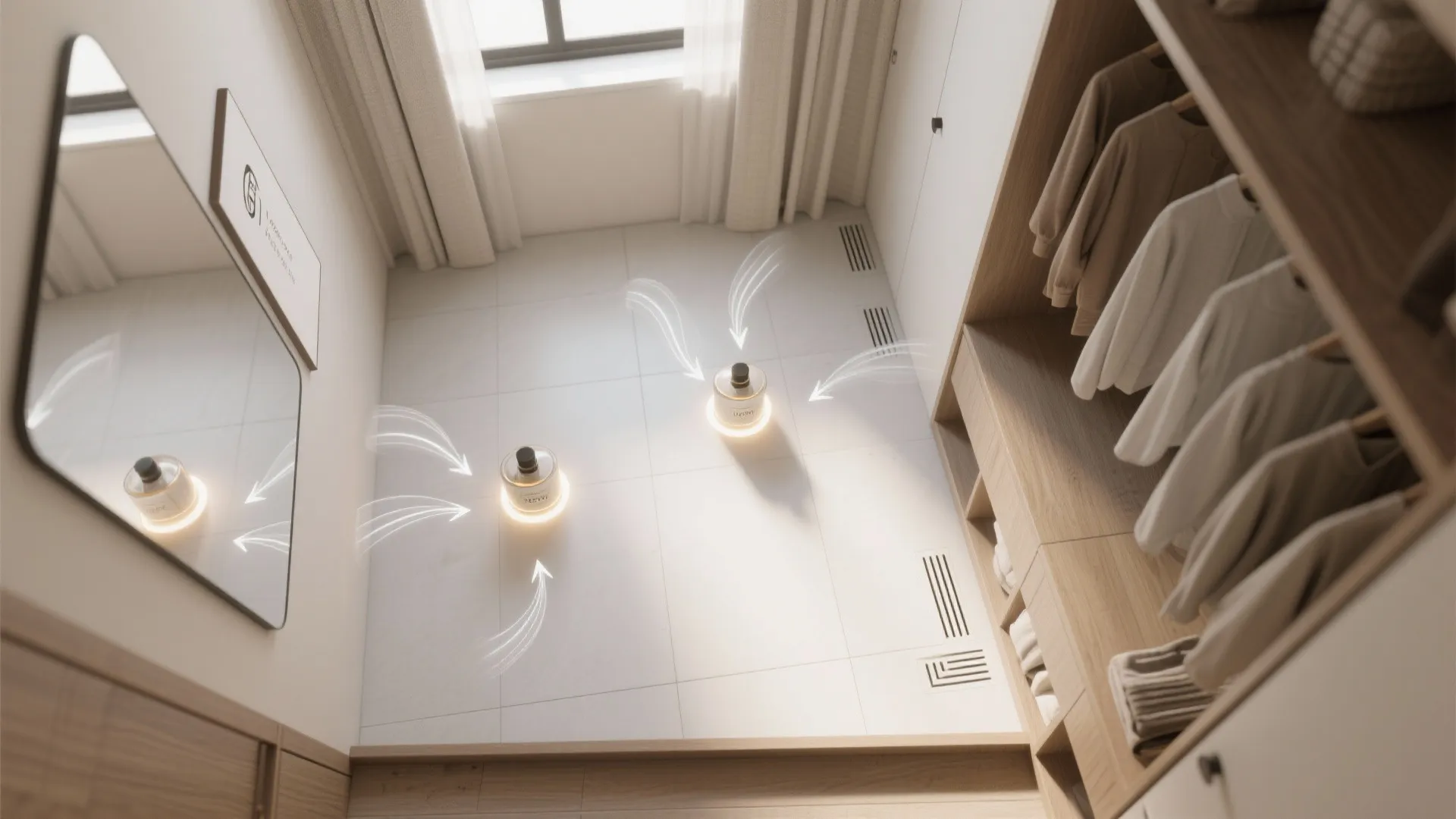 Top down view of walk in closet with white floor tiles and two small scent bottles