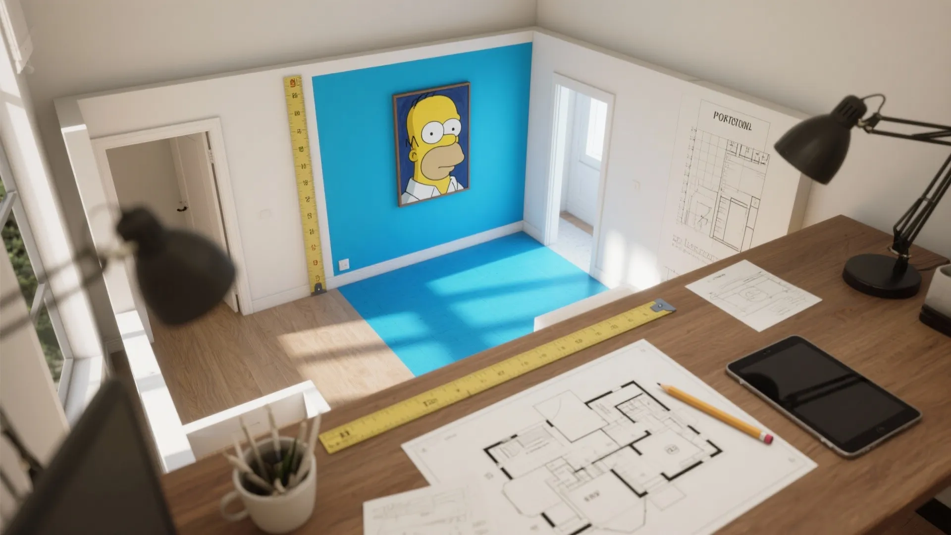 Top-down planning view showing a small apartment floorplan with measurement overlays and a highlighted wall for a single Homer painting.