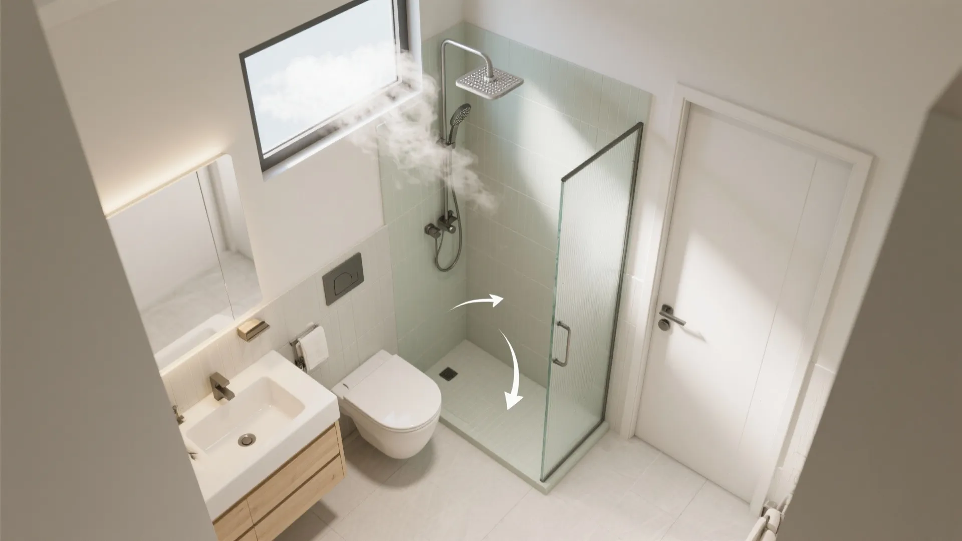 Top down interior design drawing of small bathroom showing shower toilet sink and white door