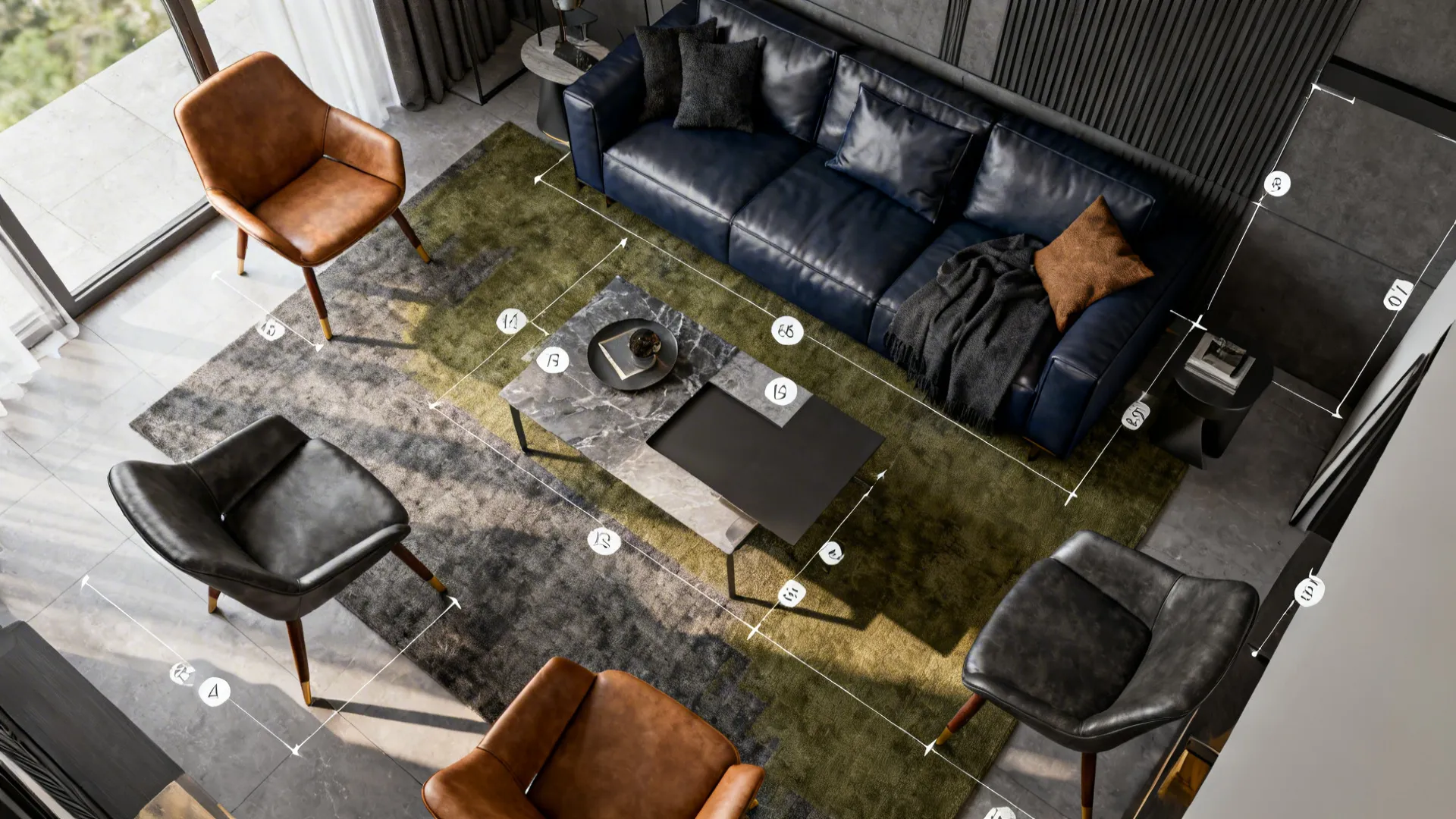 Top down interior design drawing showing blue sofa green rug and marble table with measurement lines