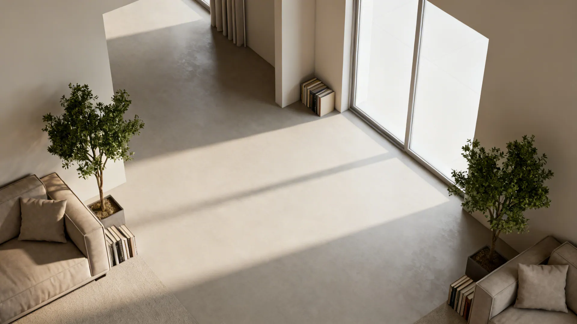 Top-down layout showing recommended faux tree placements in a small living space