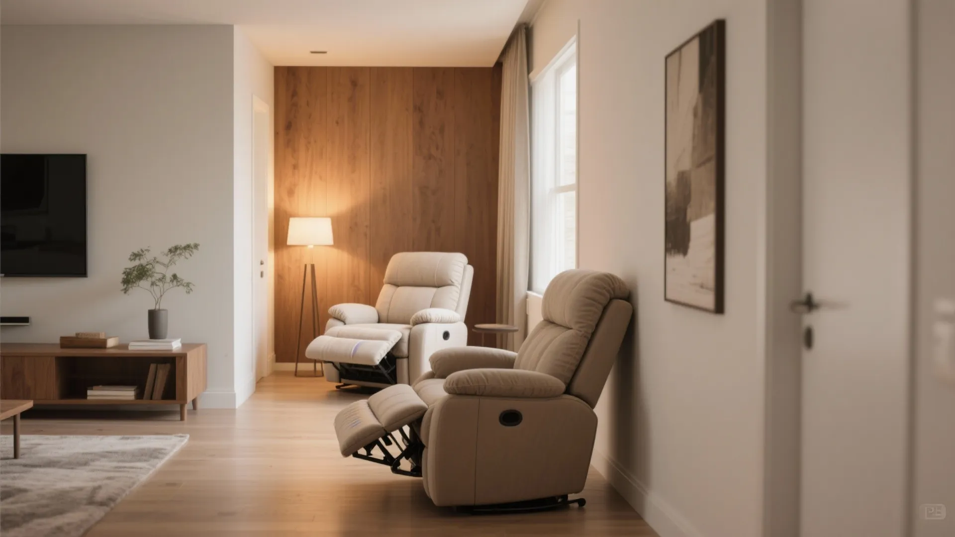 Corner and staggered placement of wall-hugger recliners in a narrow living room keeping the walkway clear.