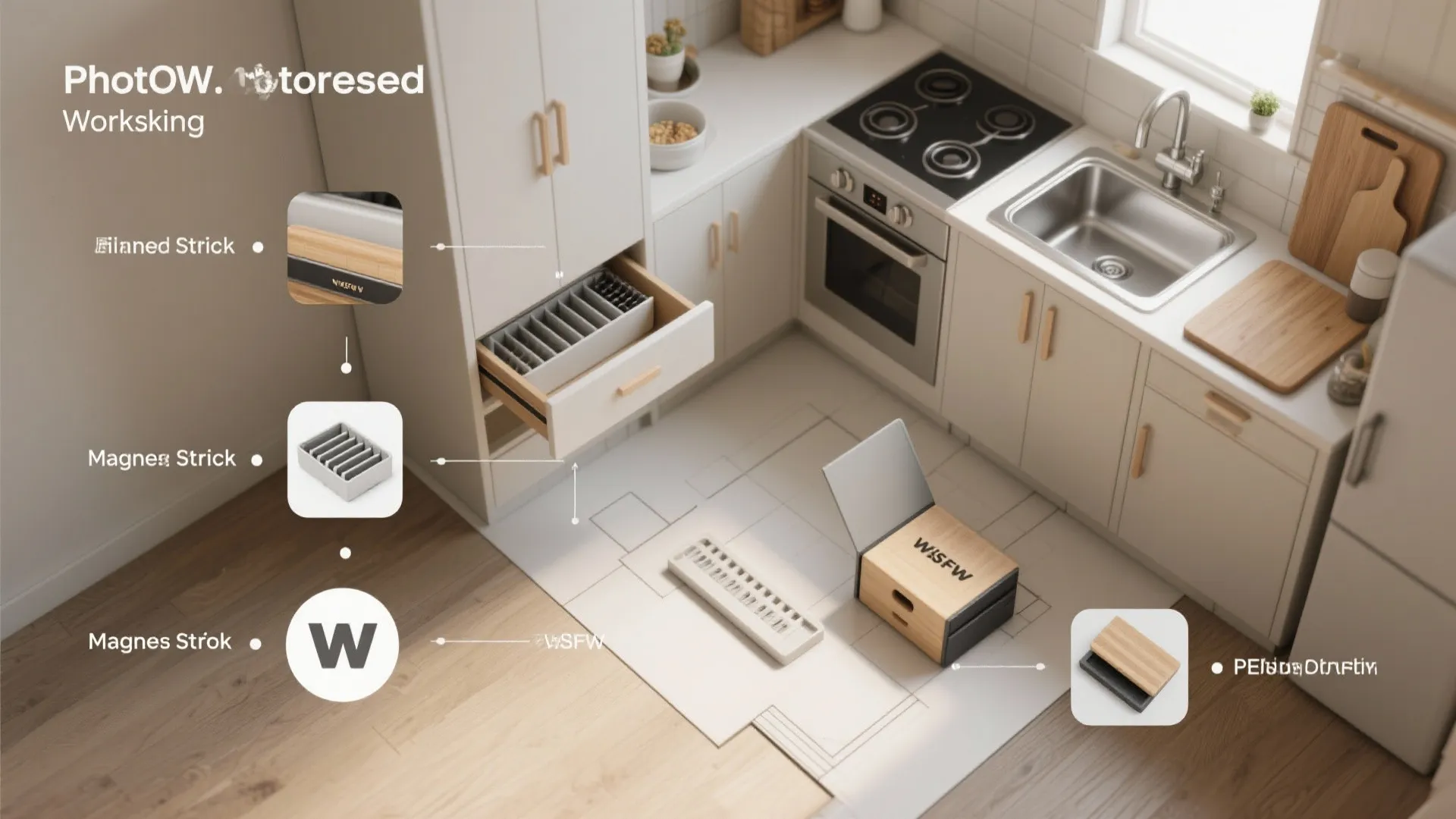 Modern kitchen rendering showing cabinets drawers stove sink and labels for interior design storage workflow