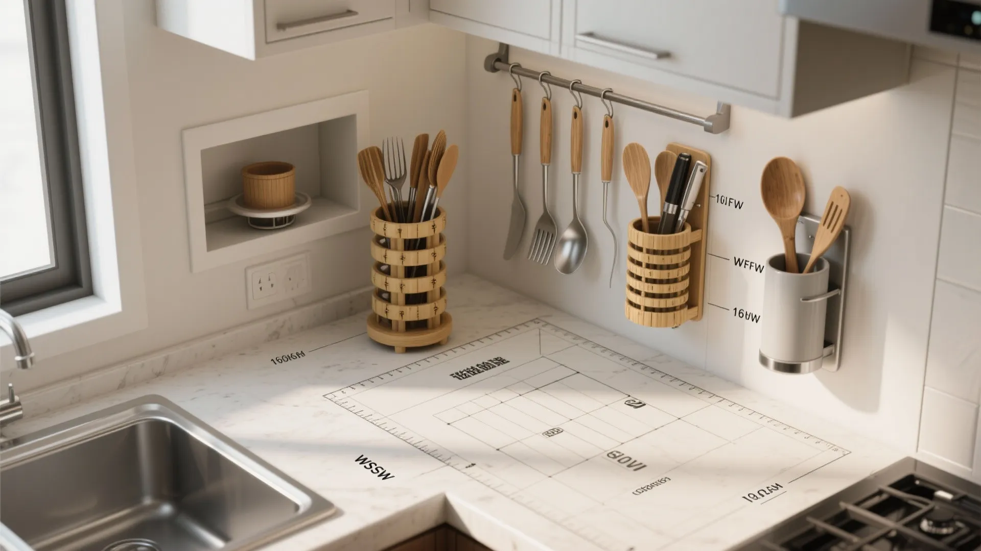 Top-down layout showing scale and placement comparisons for various utensil holders in a small kitchen