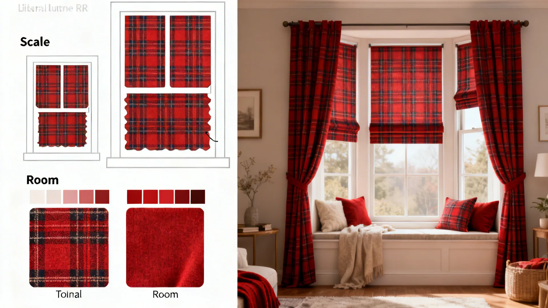 Moodboard showing plaid scale, color options, and room mockups for curtain testing