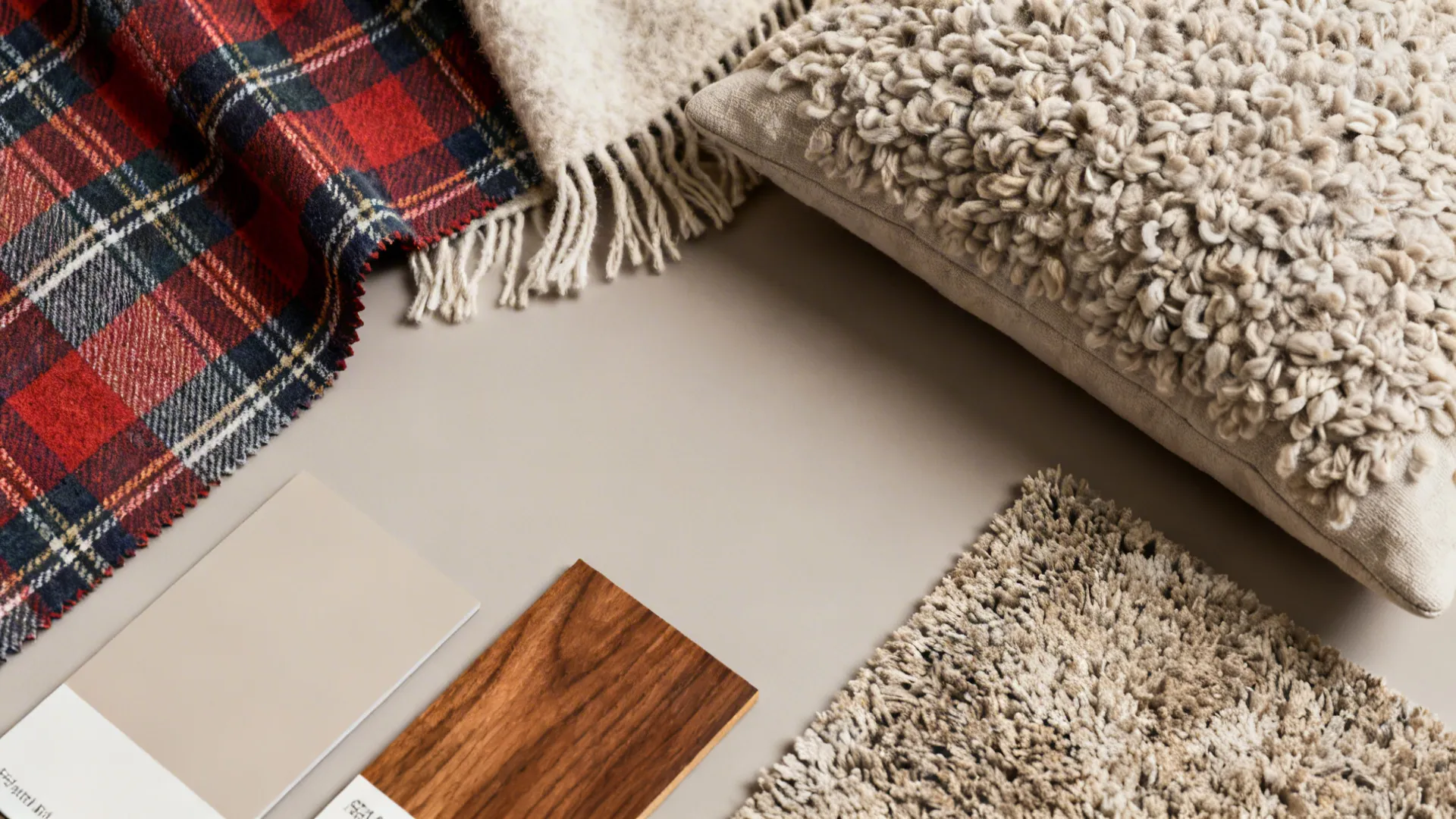 Flatlay of buffalo plaid fabric with wool throw, boucle pillow, and neutral samples