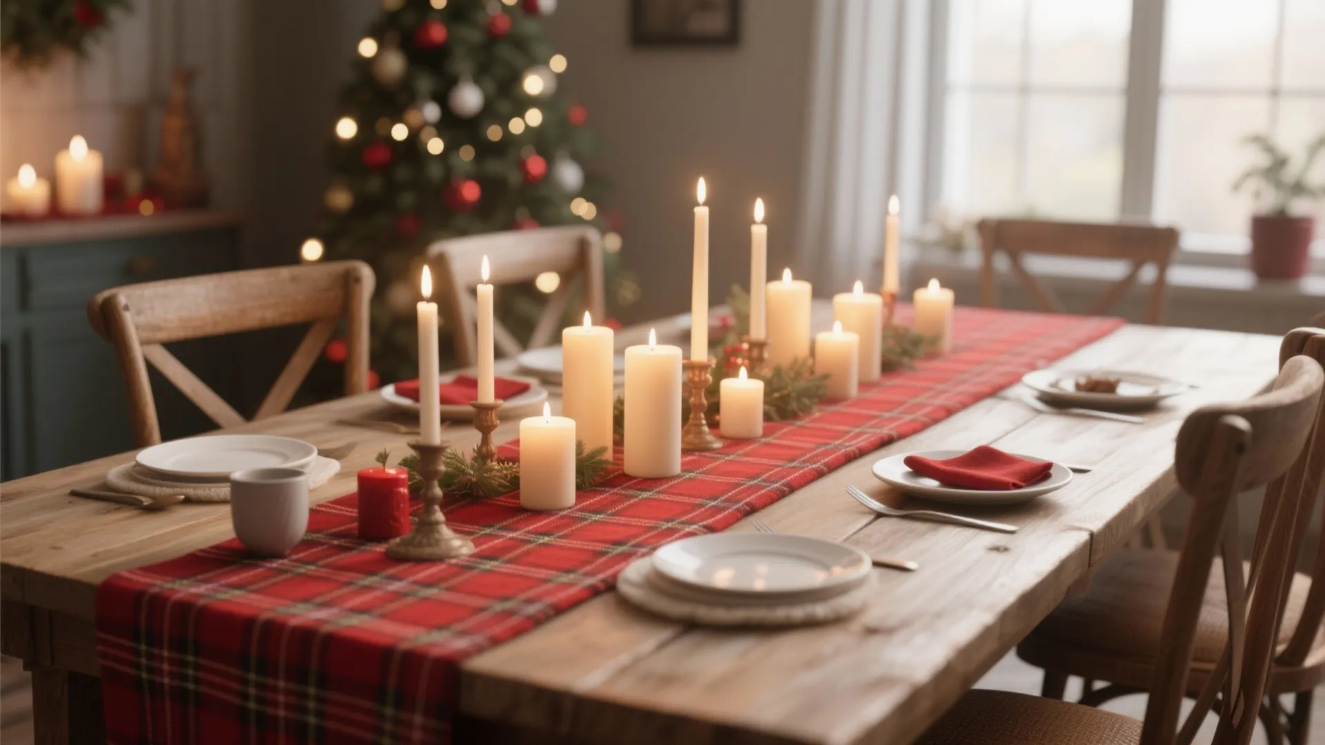 Plaid table runner with candles in multiple heights