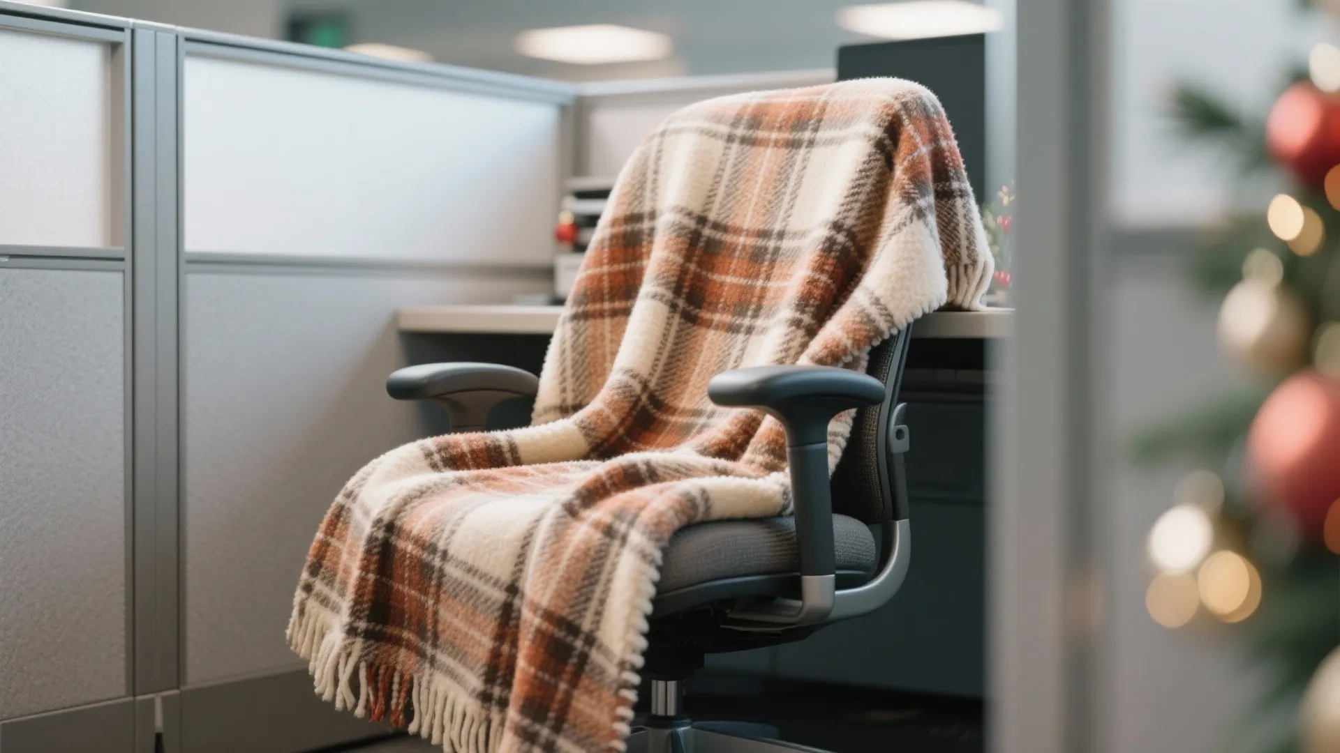Office chair covered with a warm plaid blanket in a decorated workspace with Christmas tree
