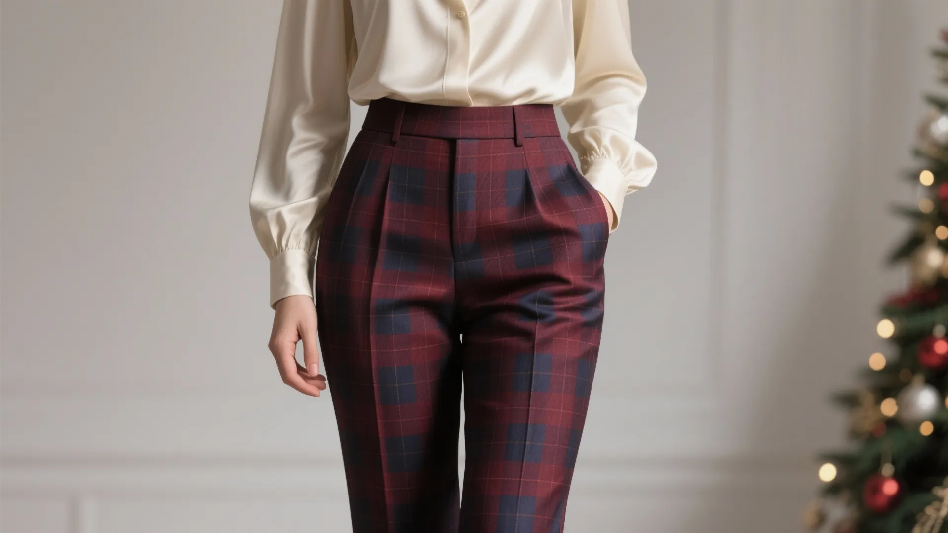 7. Plaid Trousers with a Silk Blouse