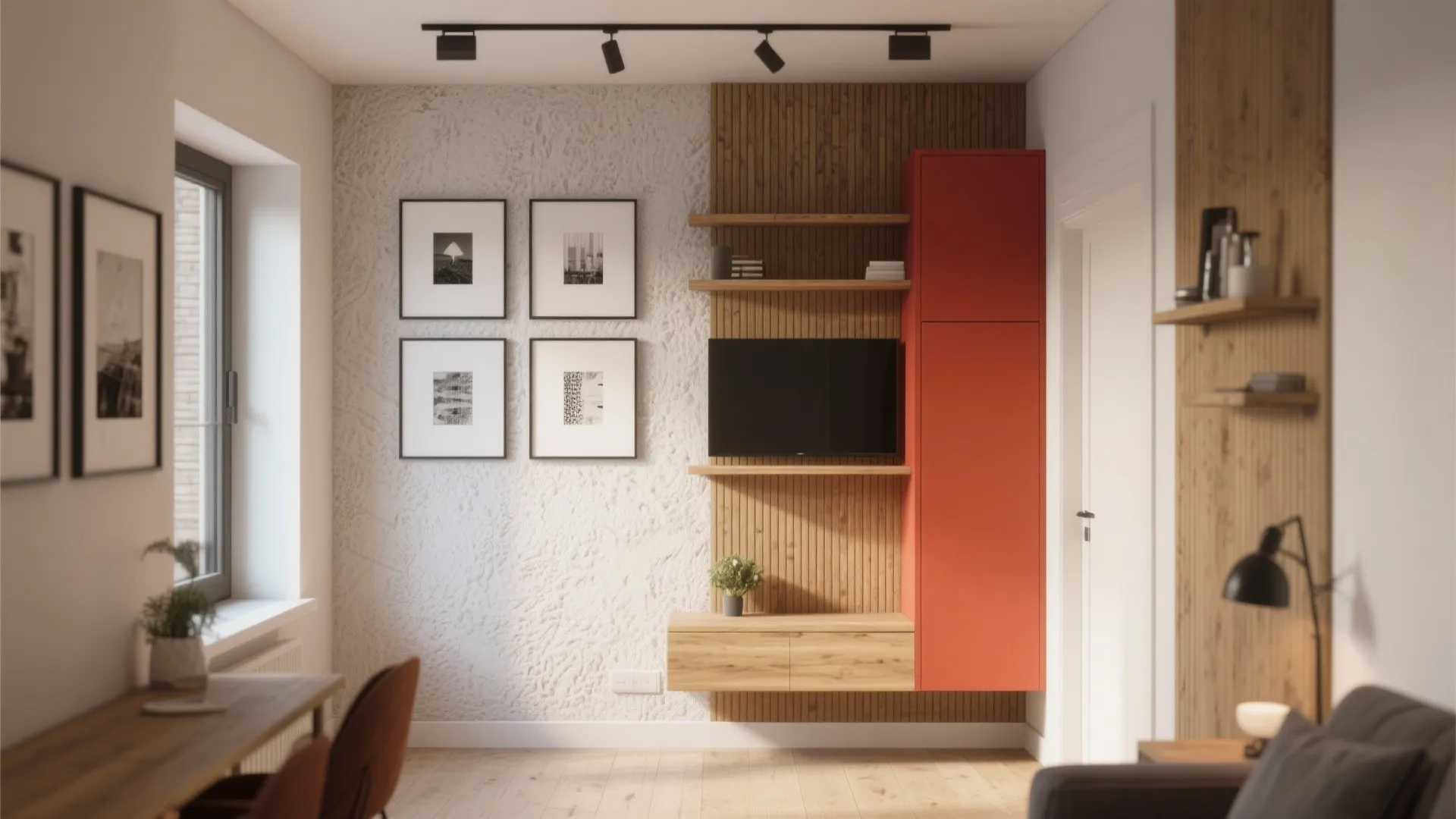 Modern living room with orange cabinet wood wall panel television and track light on ceiling