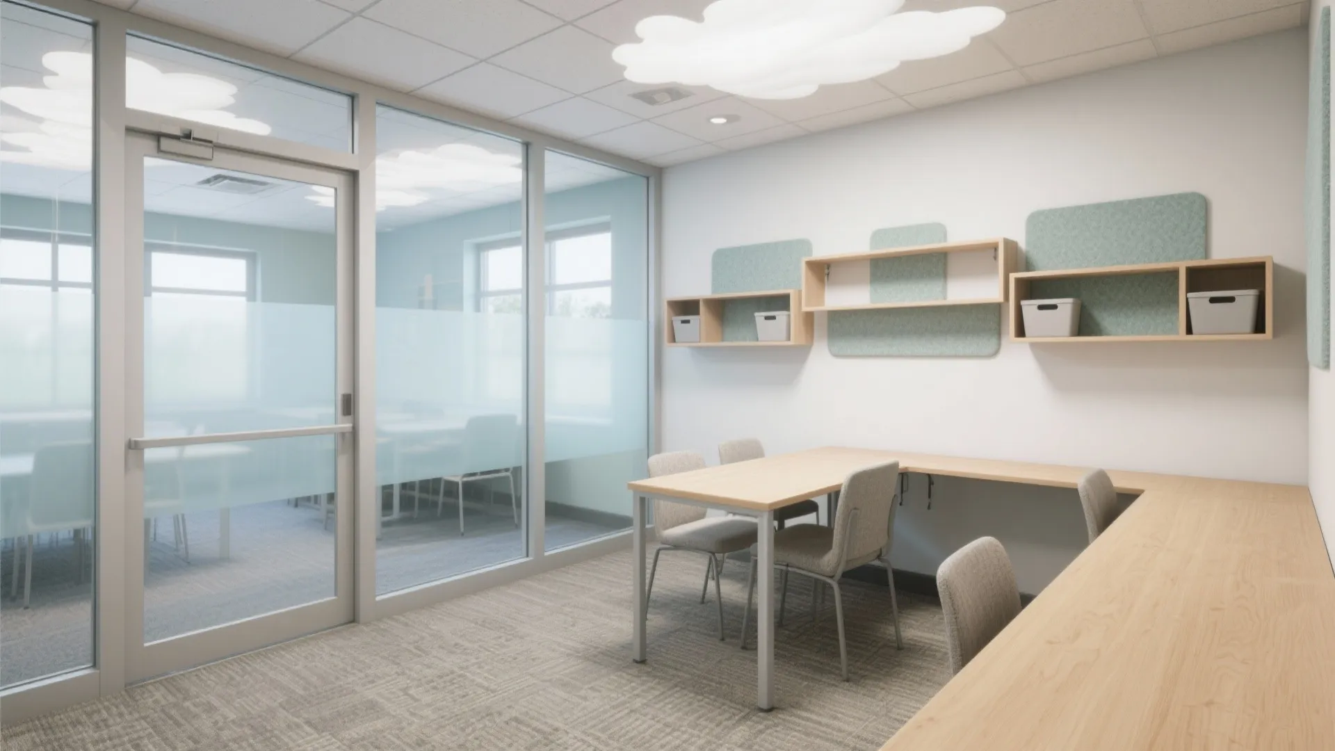 Modern office meeting room with glass walls wooden tables grey chairs and cloud shaped ceiling light