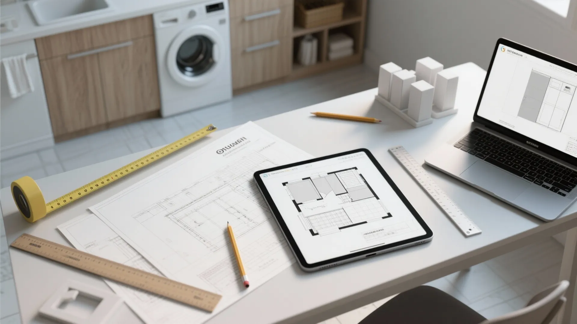Interior design drawing on tablet and paper with laptop ruler and pencil on white office desk