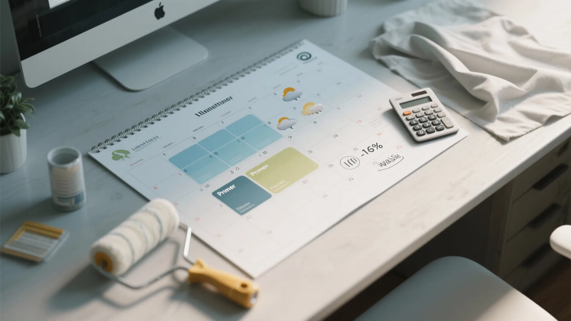 Top-down planning board with calendar, weather icons, coat layers diagram and calculator noting extra waste percentage.