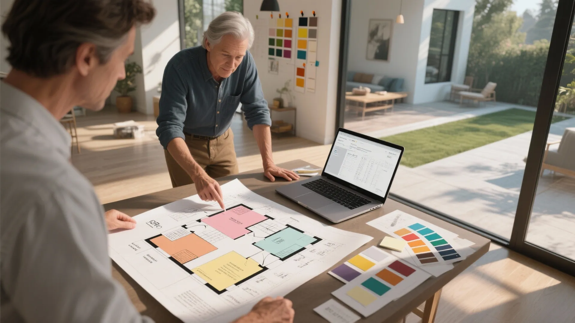 Top-down view of a floor plan with paint overlays and swatches illustrating color flow and technical discussion.