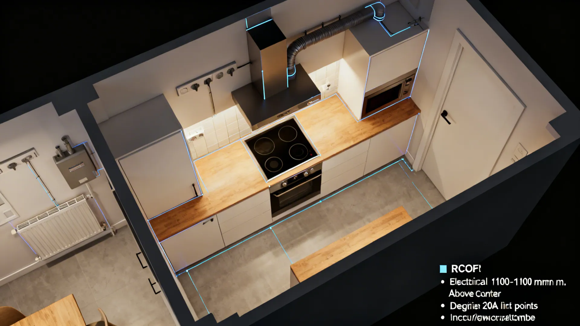 Top-down compact kitchen plan showing outlet clusters, induction circuit points, and hood ducting.
