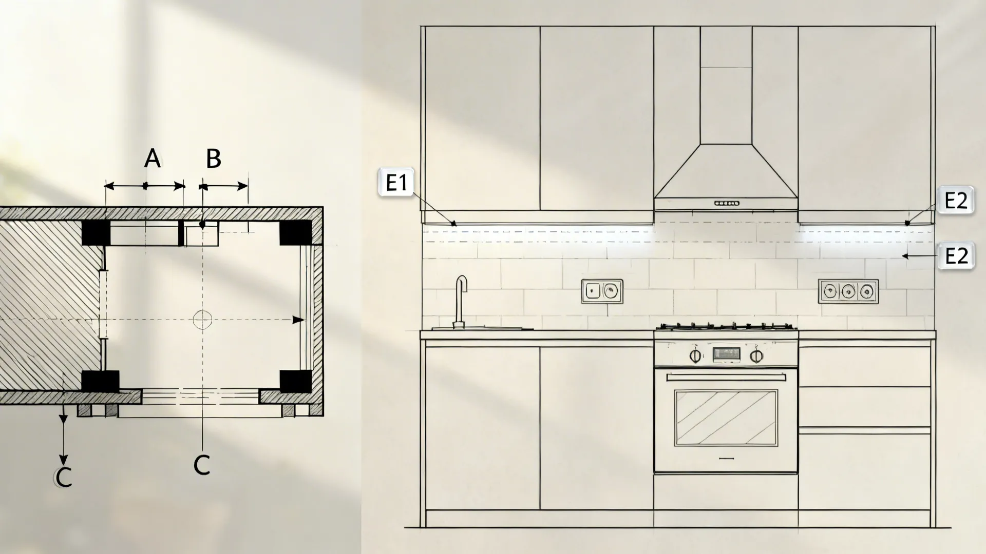 Plan keyed to matching elevations for each cabinet run showing heights and clearances.
