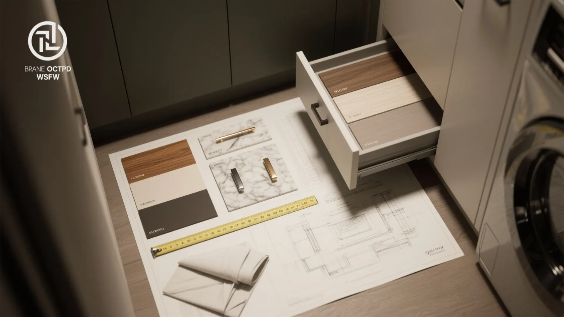 Interior design material board with floor plan wood samples marble tiles and yellow tape measure
