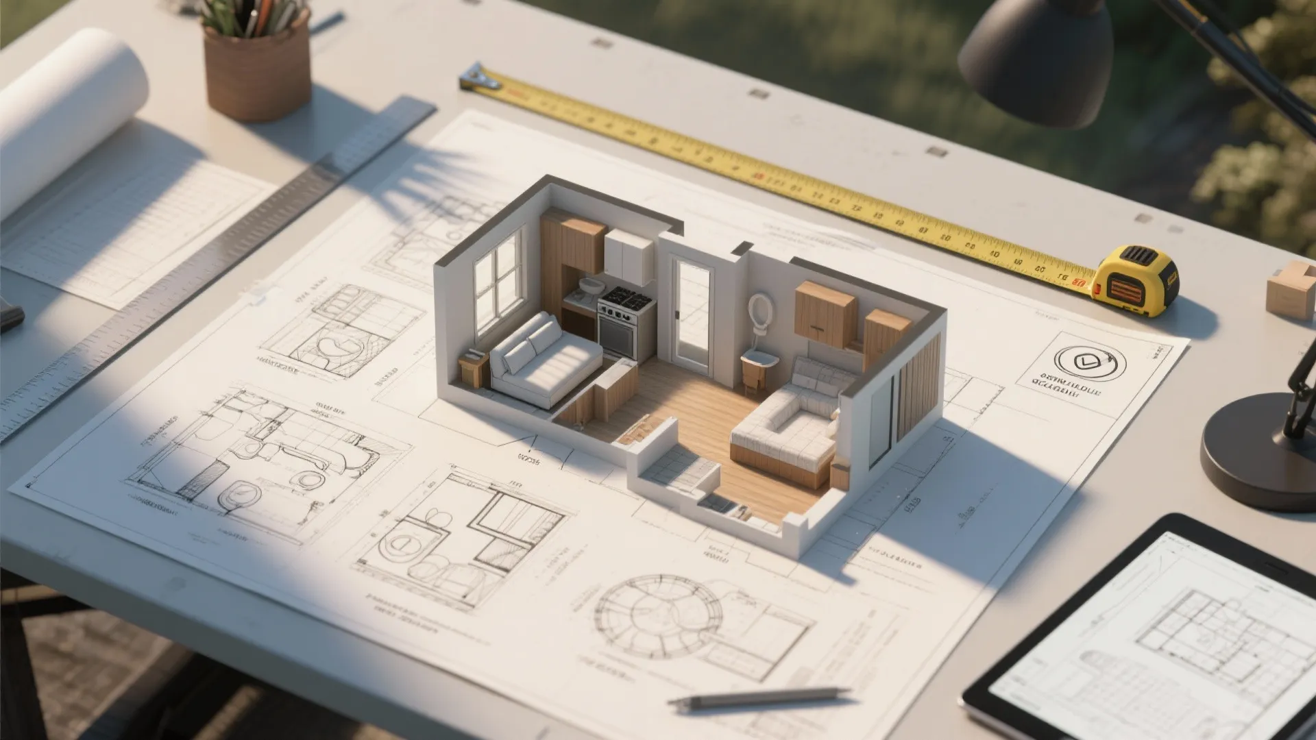 Top-down view of ADU plan iterations and a 3D planner on a tablet showing layout options