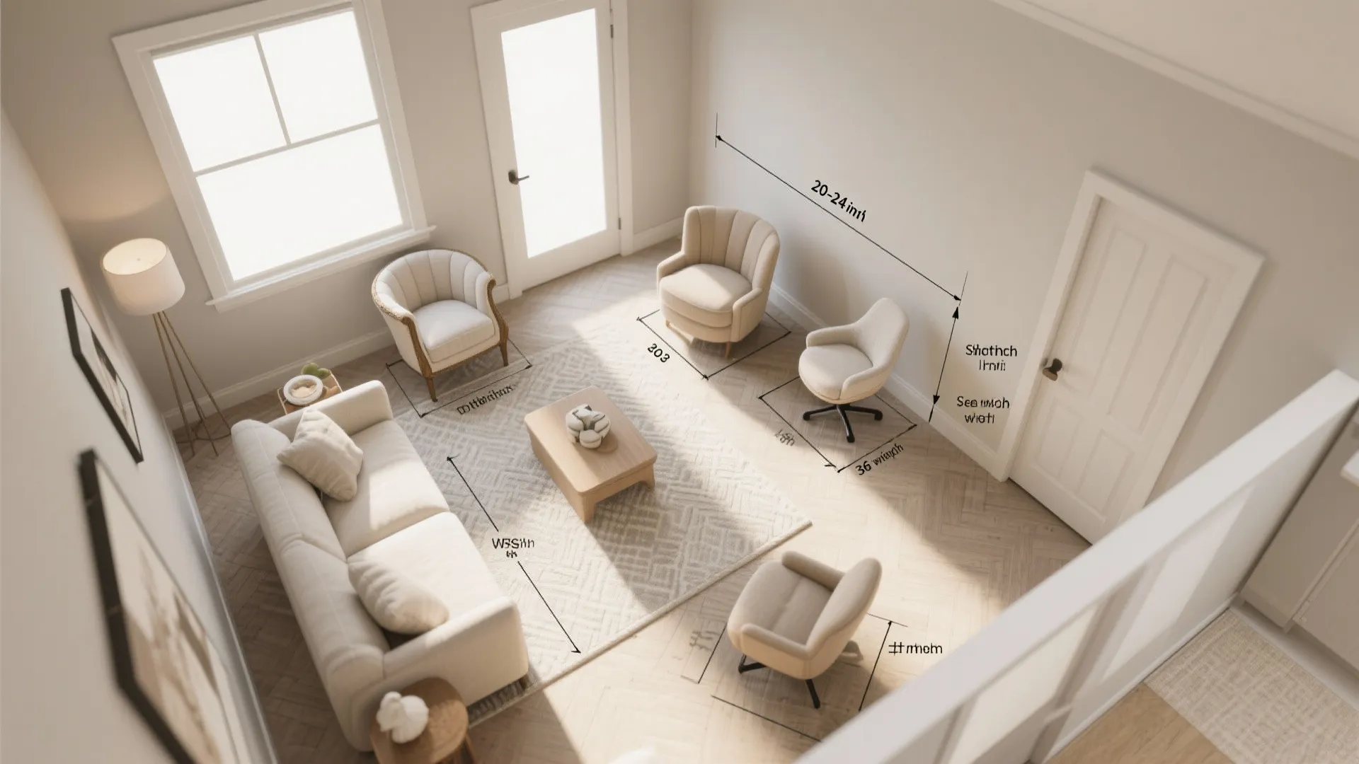 Top view of a living room layout design with sofa chairs and furniture measurement labels