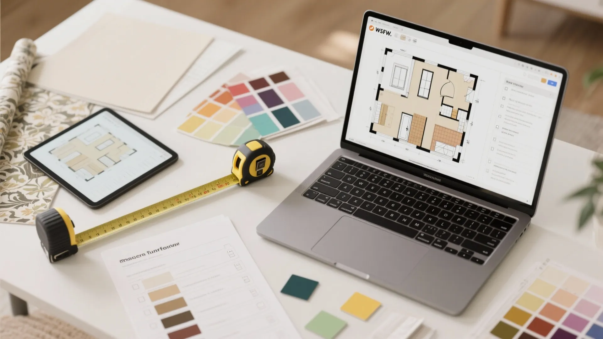 Top-down planning scene with laptop floor plan, wallpaper swatches, paint chips, and measuring tools for layout decisions.