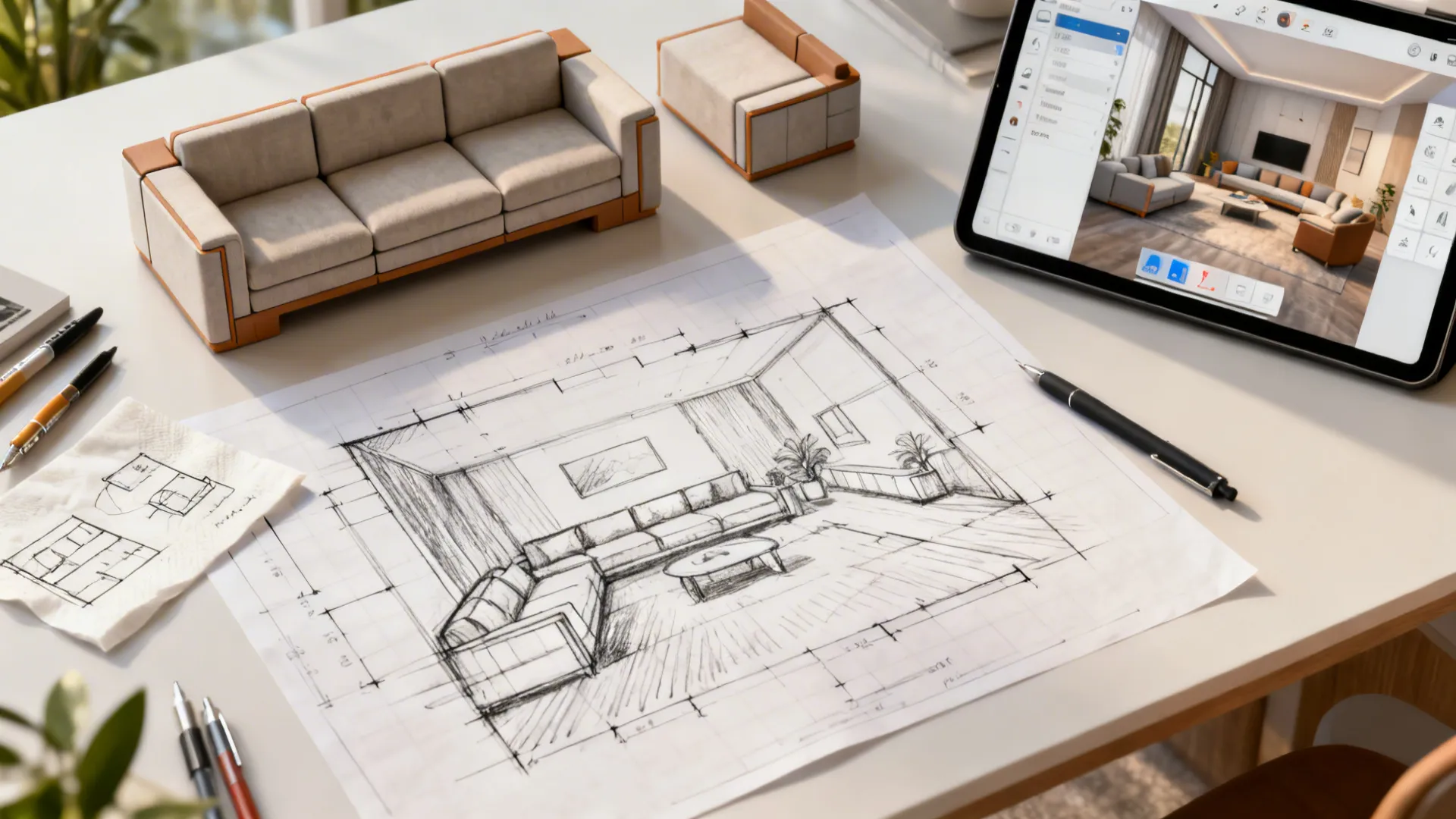 Top-down view of layout planning with sketches and a 3D planner for modular sectional configurations.