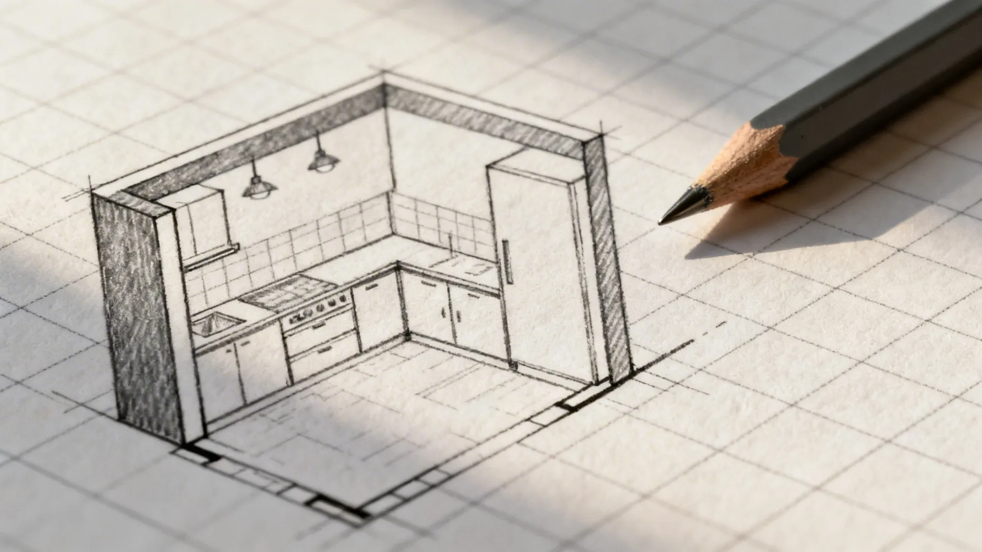 Pencil sketch of kitchen room layout on grid paper showing cabinets oven and three ceiling lights