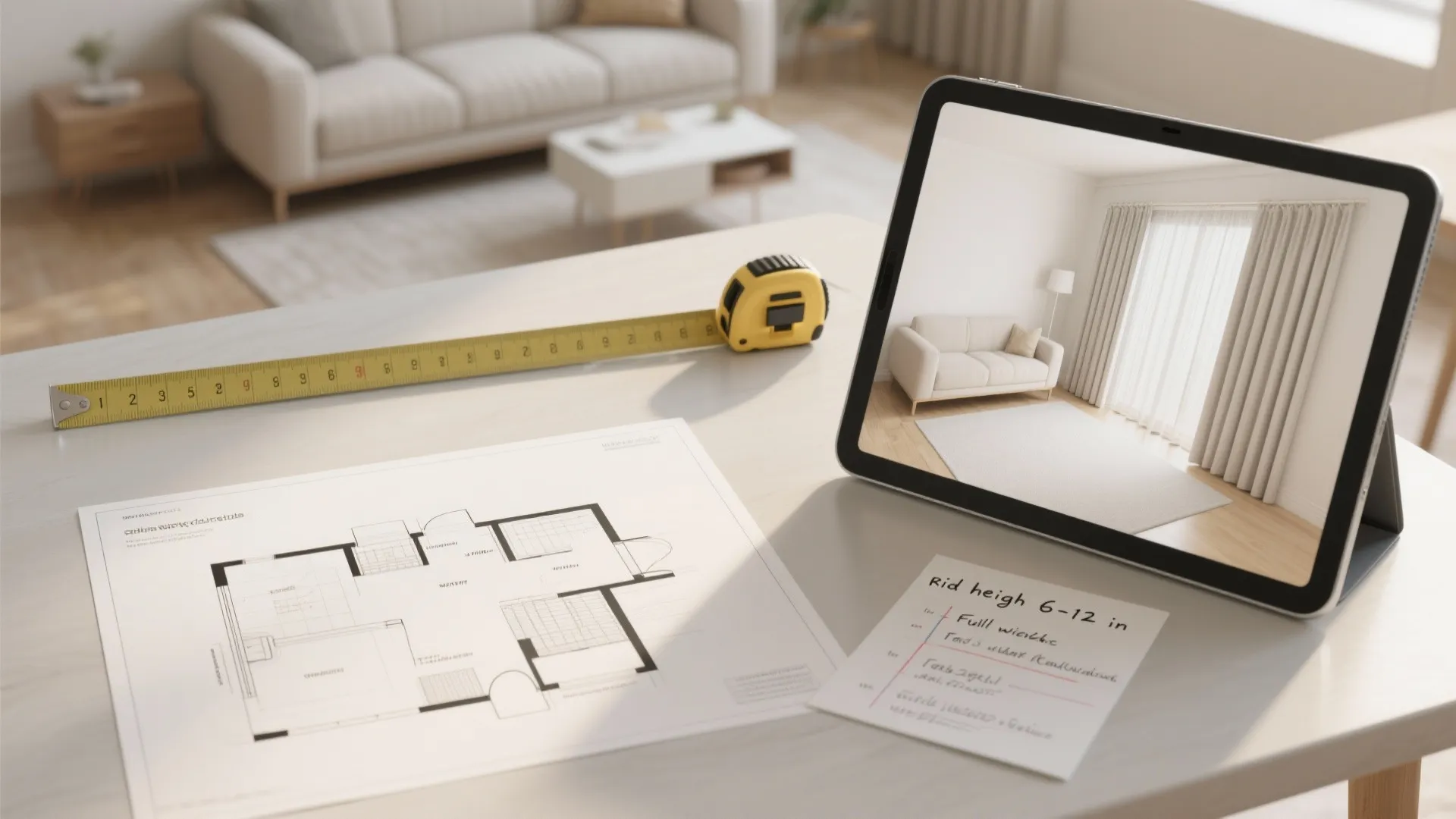 Table with a floor plan tape measure and digital tablet showing a living room design