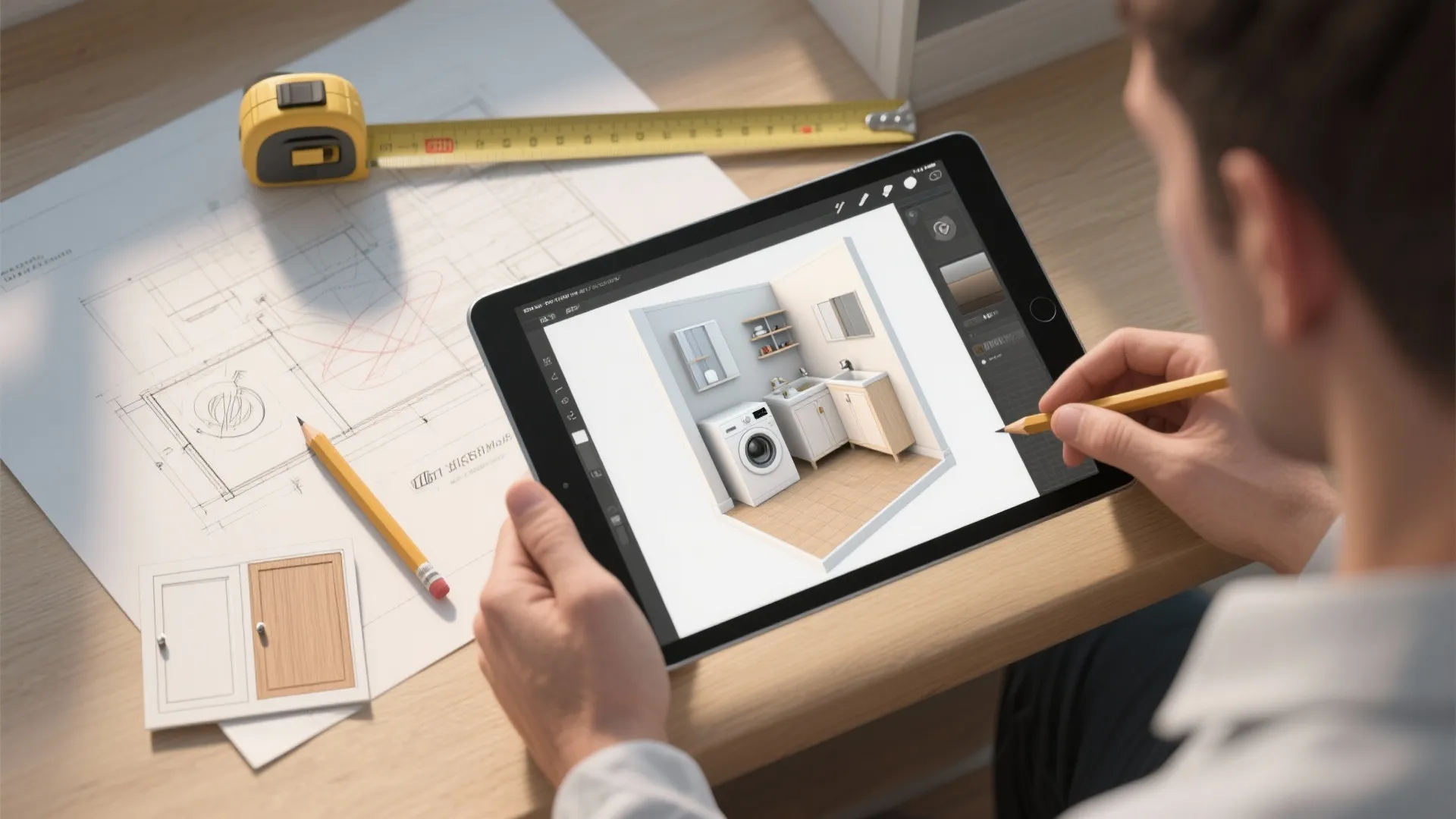 Top-down view of a tablet with a 3D mockup, printed floor plan, and measuring tape used for laundry planning.