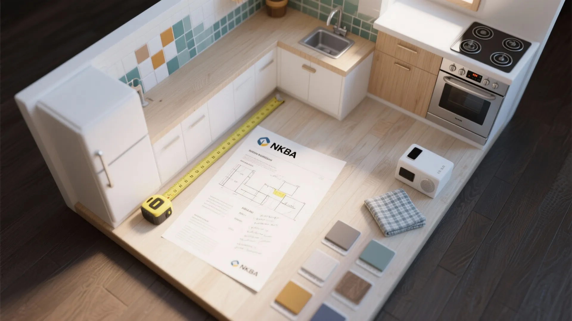 Interior design drawing on wood floor with measuring tape and small kitchen model for planning