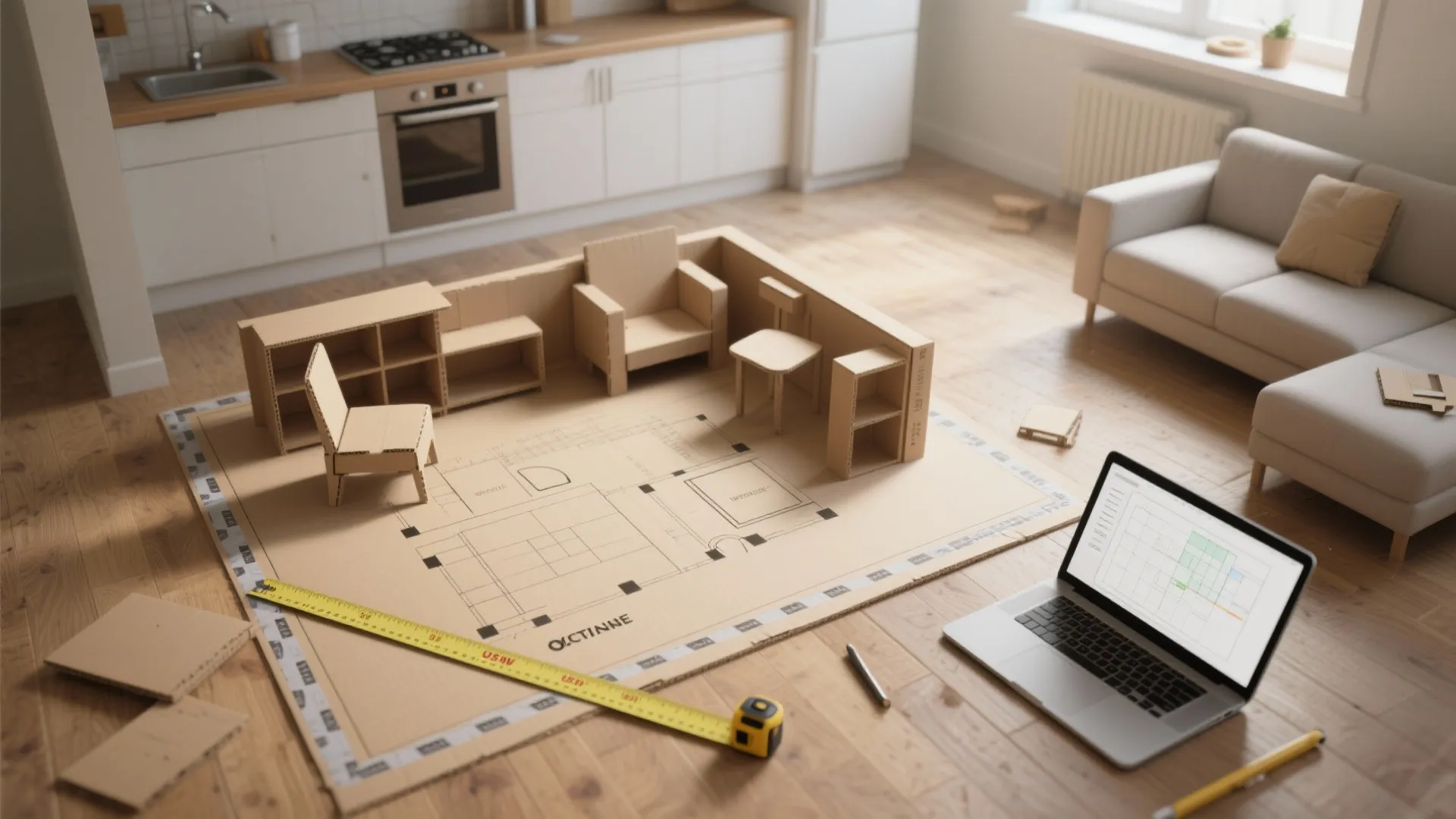 Cardboard room model on floor plan with laptop showing digital interior design drawing in kitchen