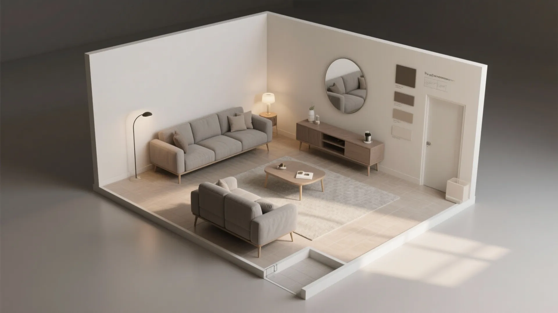 Interior design drawing showing a 3D living room layout with grey sofas and wooden furniture
