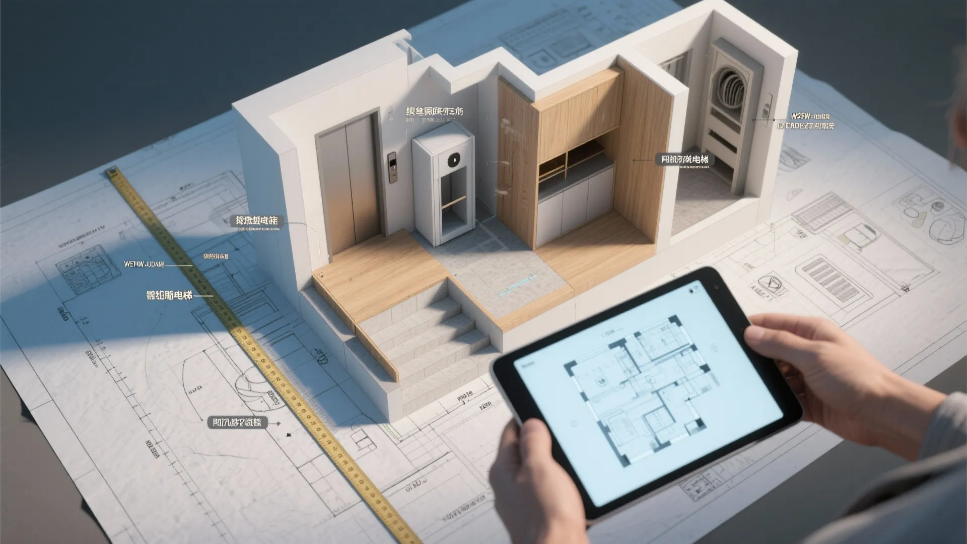 Interior design drawing with house model and hands holding tablet showing floor plan layout design