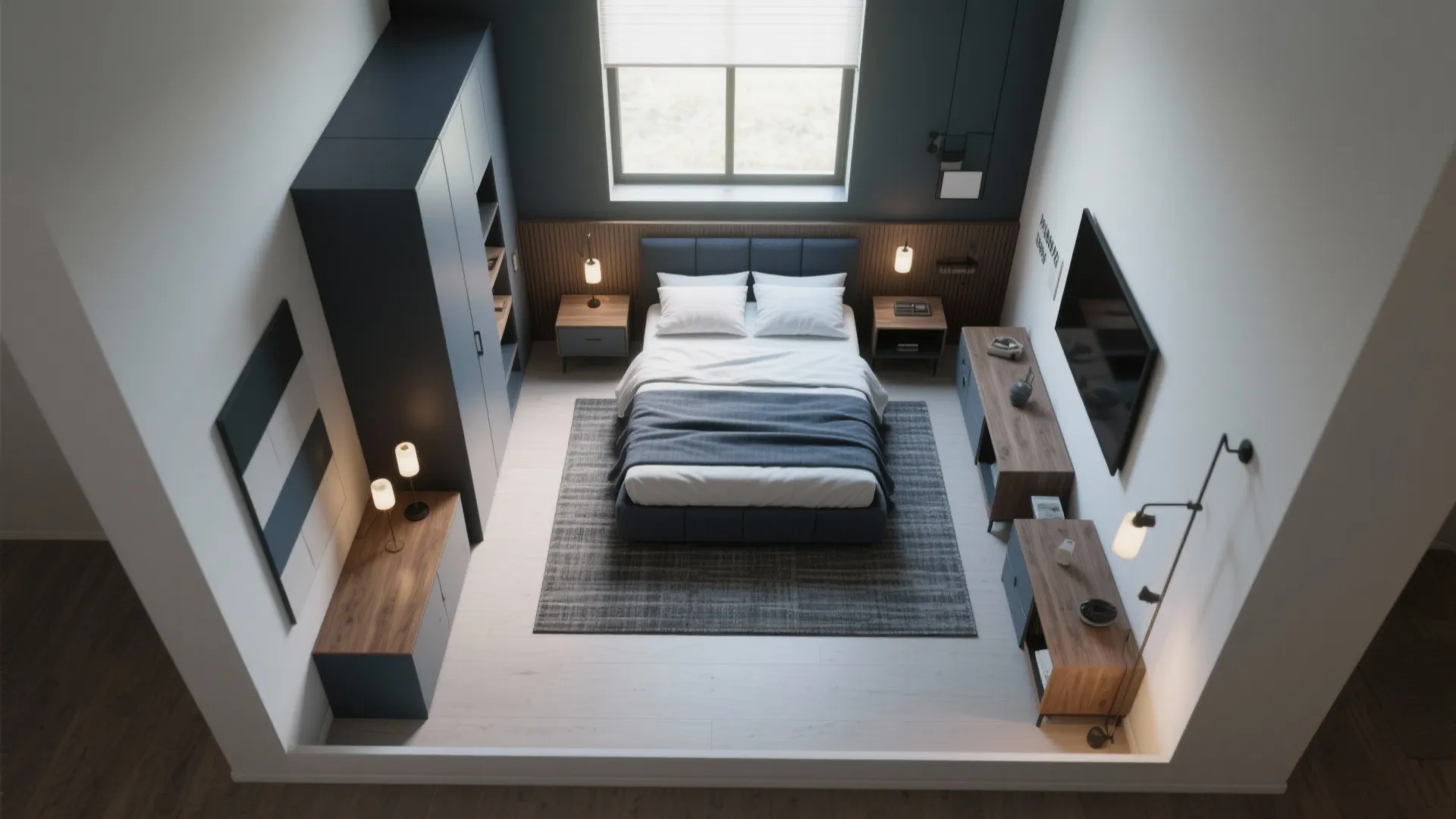 Top-down 3D layout of a small bedroom showing furniture placement, storage zones and rug positioning.