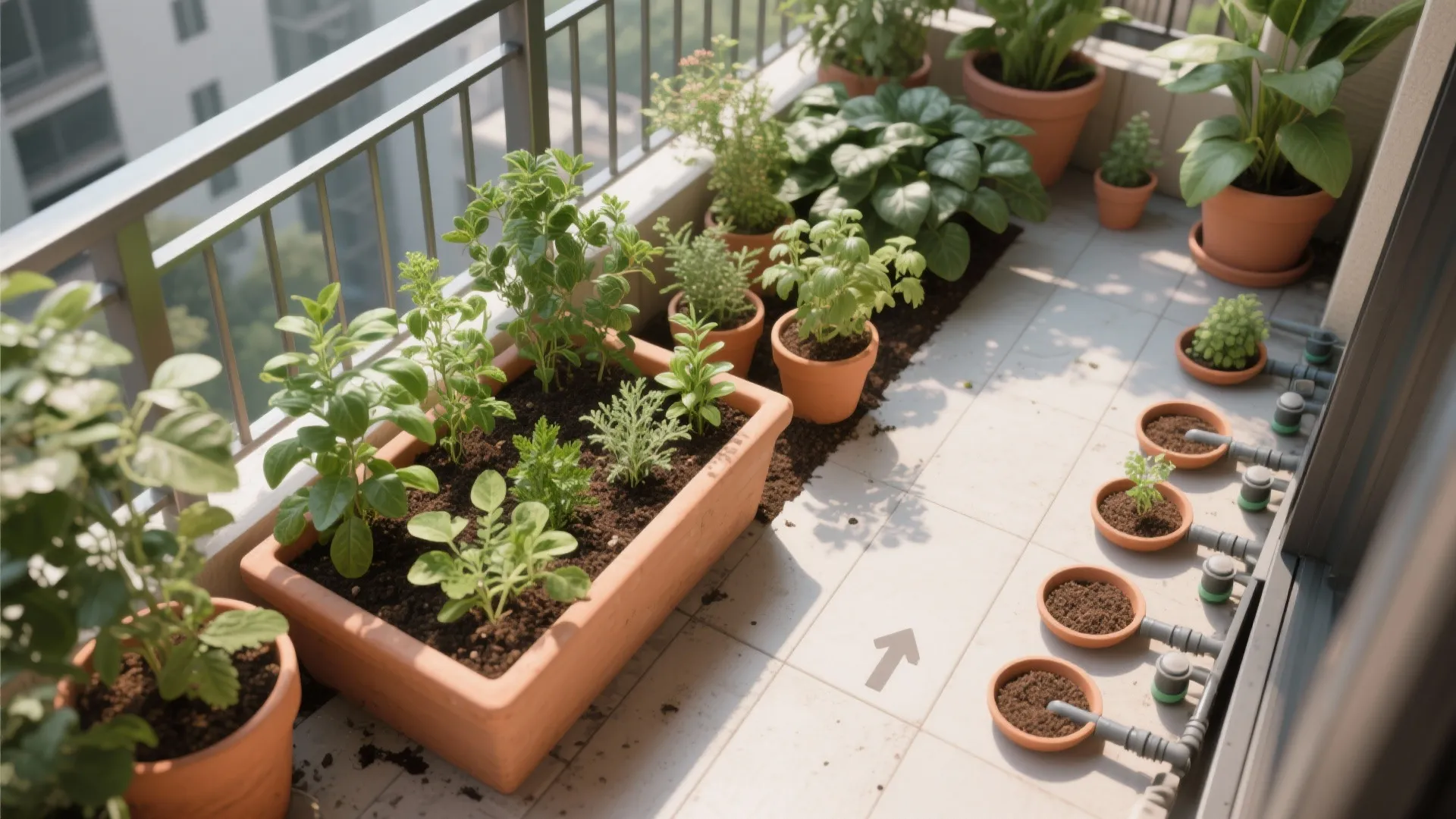Apartment balcony garden showing green plants in clay pots and automatic watering system with pipes
