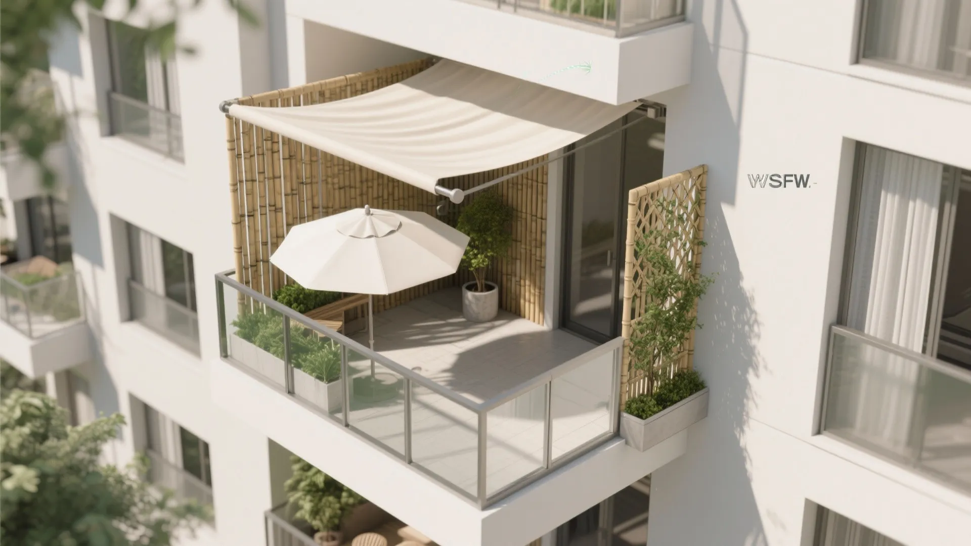 Interior design drawing showing apartment balcony with white umbrella beige awning and bamboo wall paneling decor