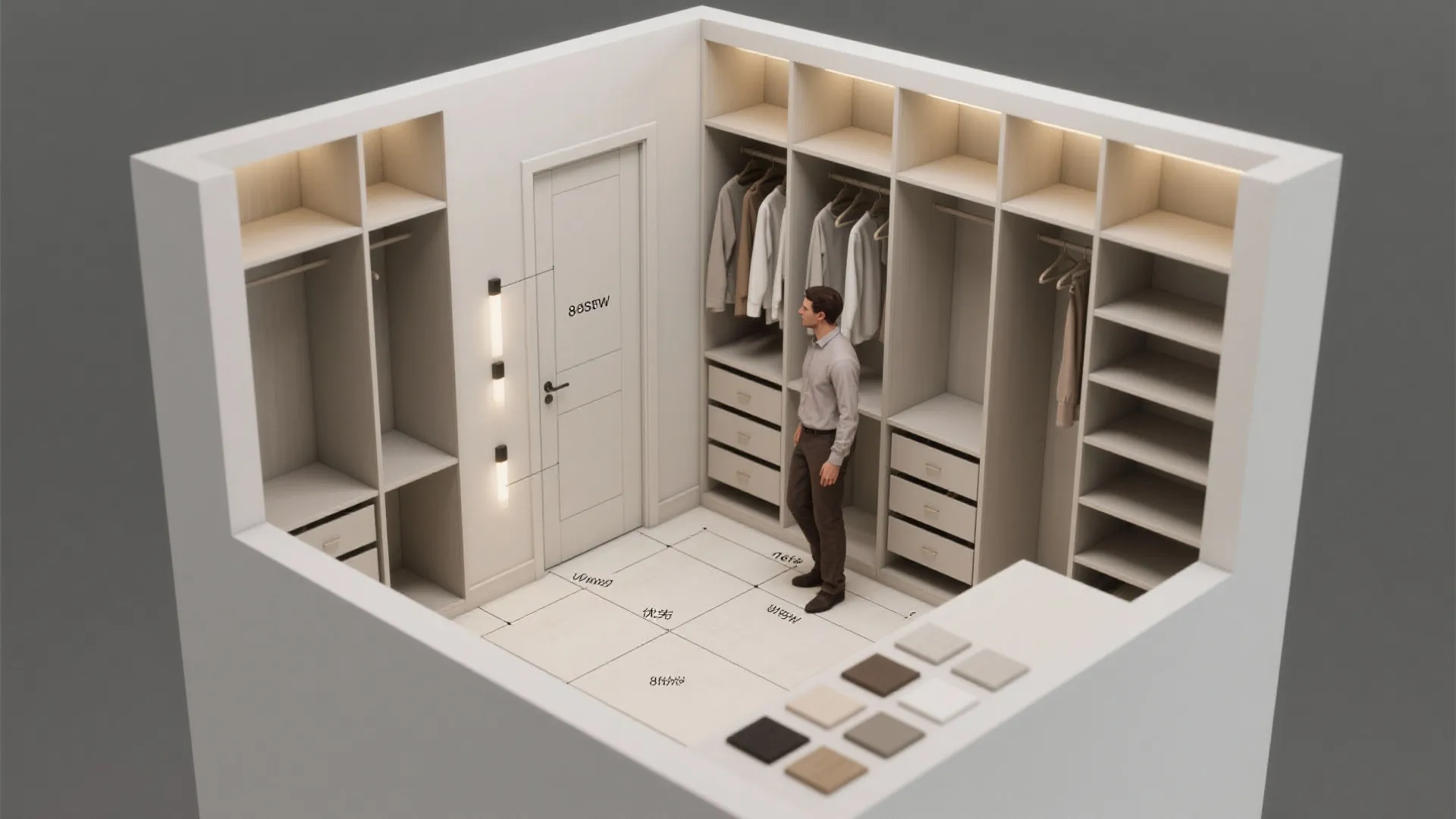 Top-down 3D room-scale mockup of an 8x8 closet with annotations for aisles, shelf heights and door swings.