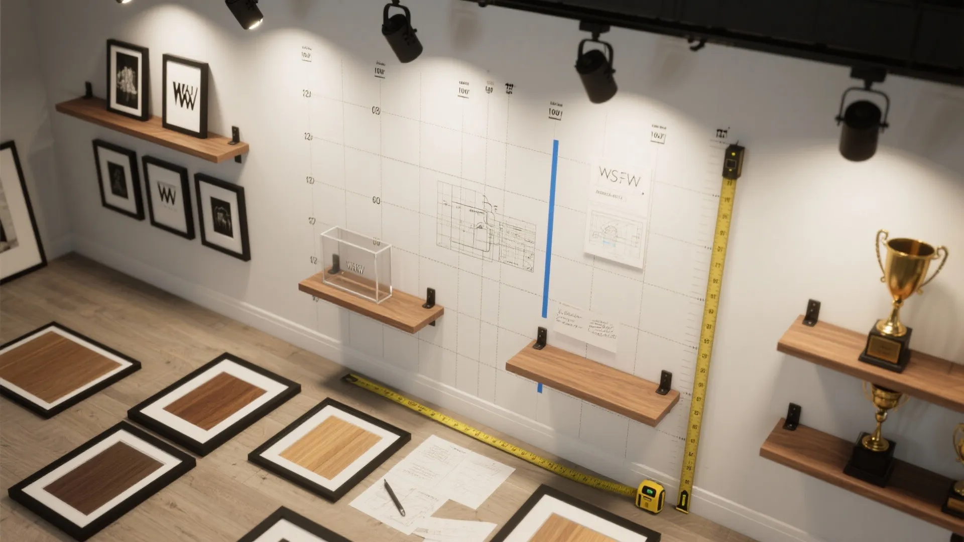 Floor plan design drawing with measuring tape wood shelves picture frames and track light fixture
