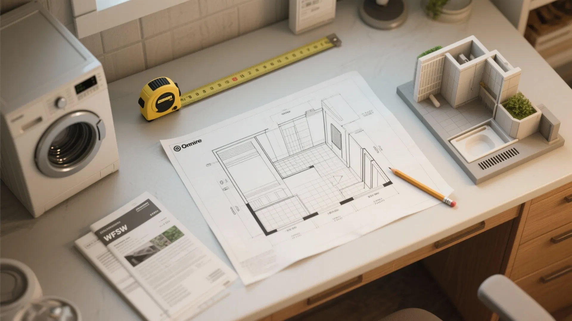 Interior design drawing with yellow measuring tape plus small 3D model and pencil on desk