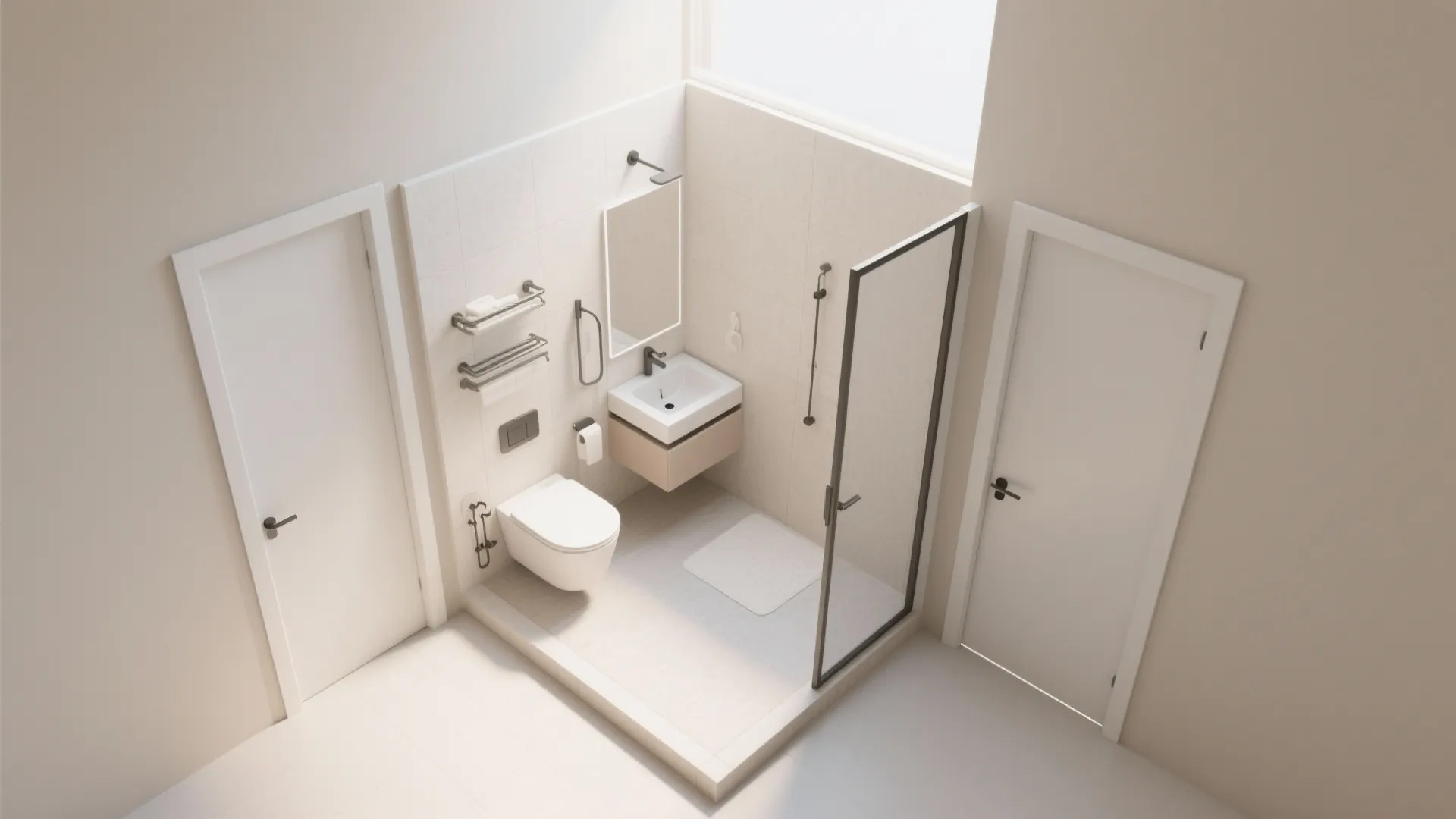 Top view interior design drawing of small modern bathroom with white toilet sink and shower