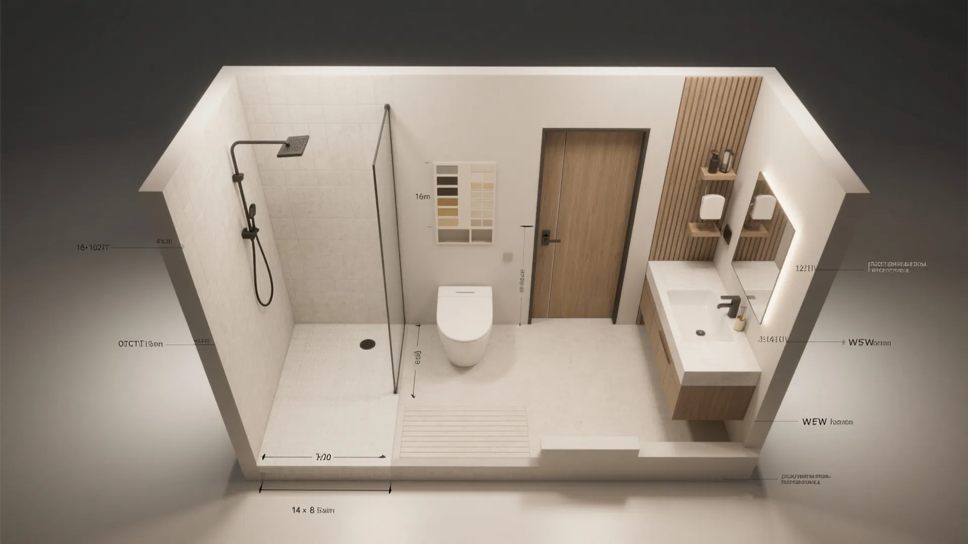 Top down interior design drawing of bathroom showing walk in shower toilet and wooden vanity unit