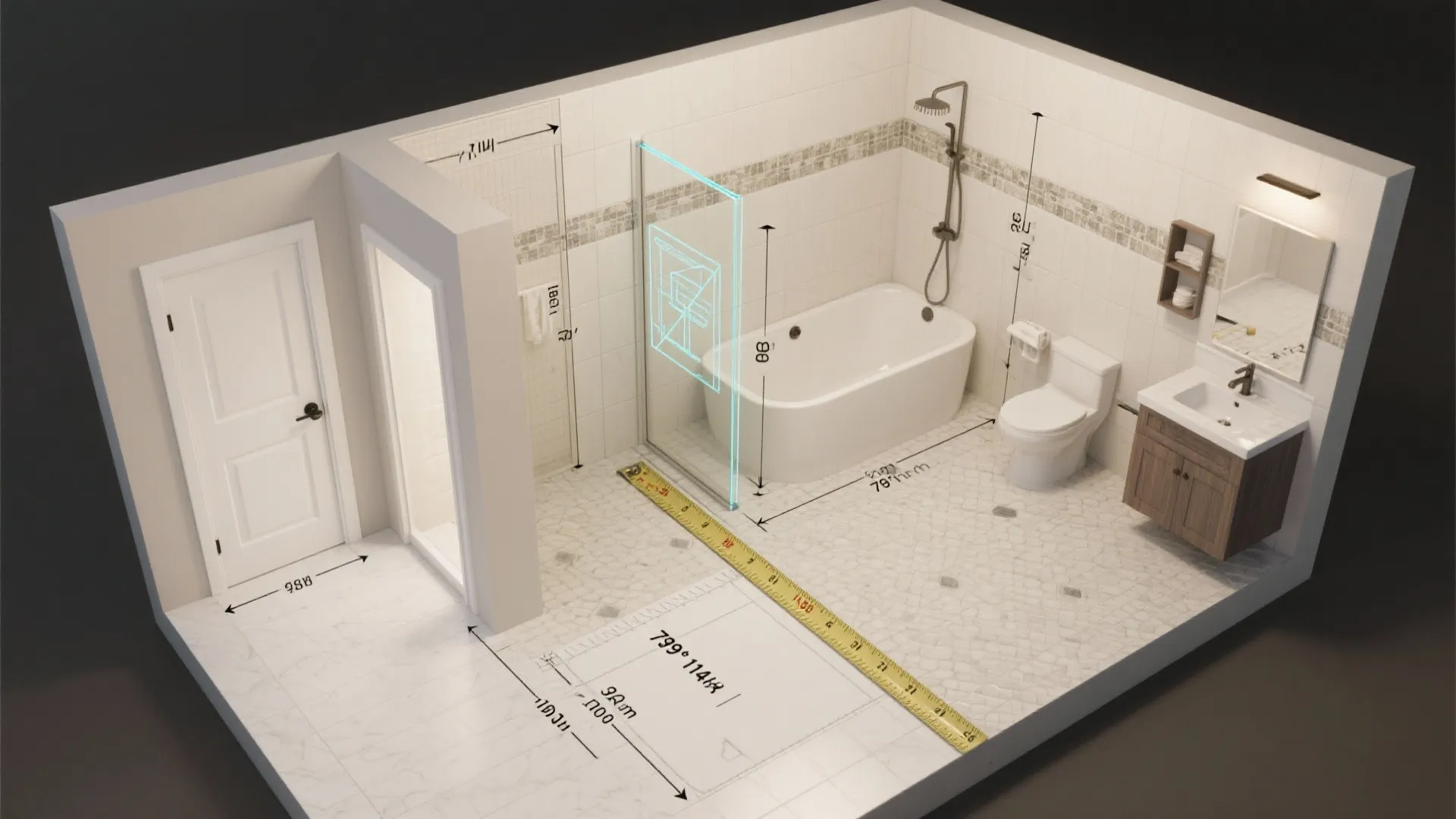 Interior design drawing of a bathroom layout showing bathtub toilet sink cabinet and measuring tape