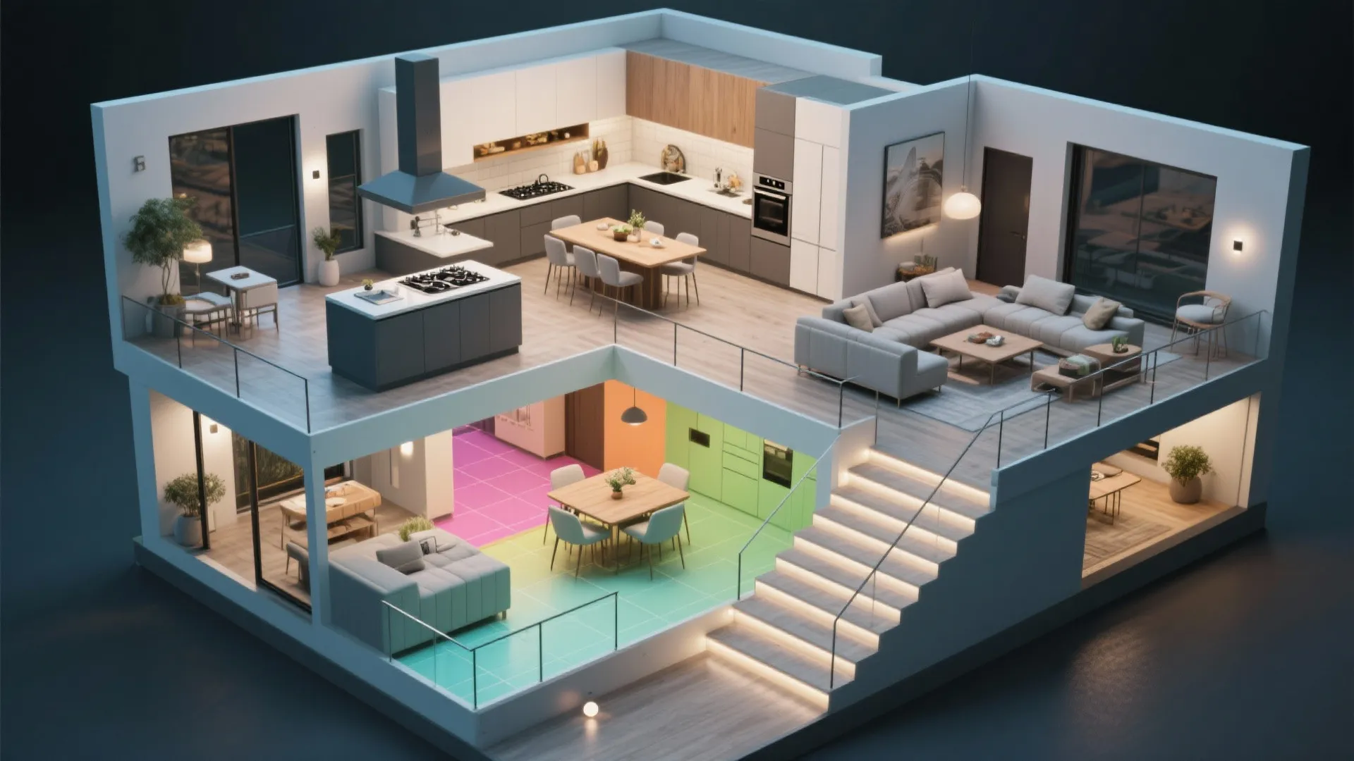 Interior design drawing of a two story house showing living room kitchen stairs and furniture