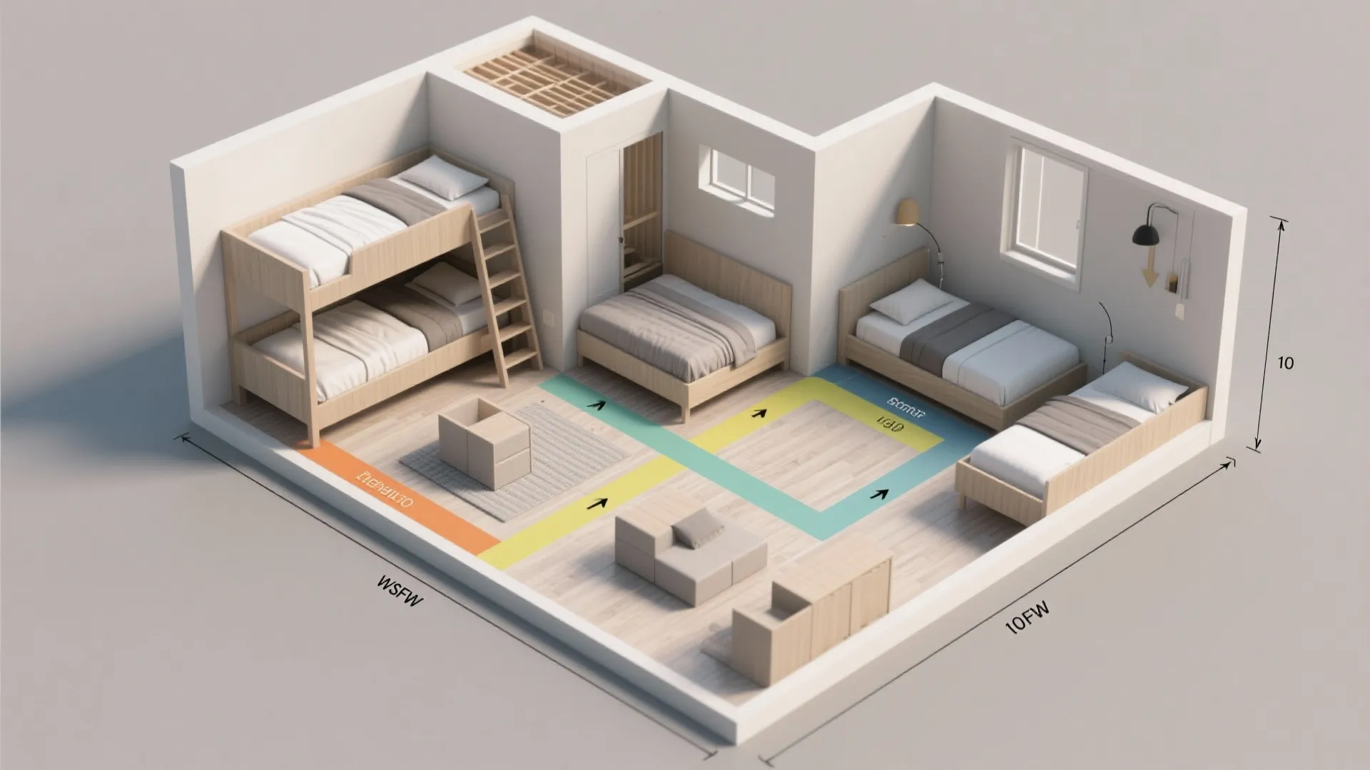 Interior design drawing showing a three-dimensional room layout with bunk beds and two single beds