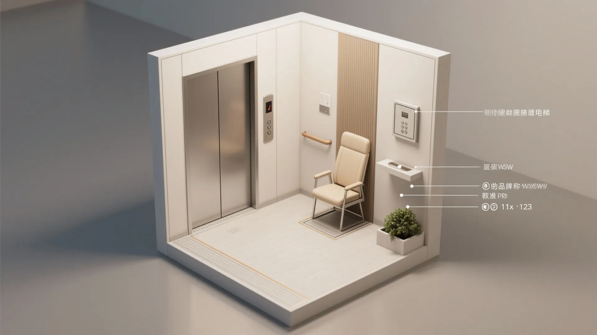 Interior design drawing of a modern elevator lobby with cream chair, green plant, and labels