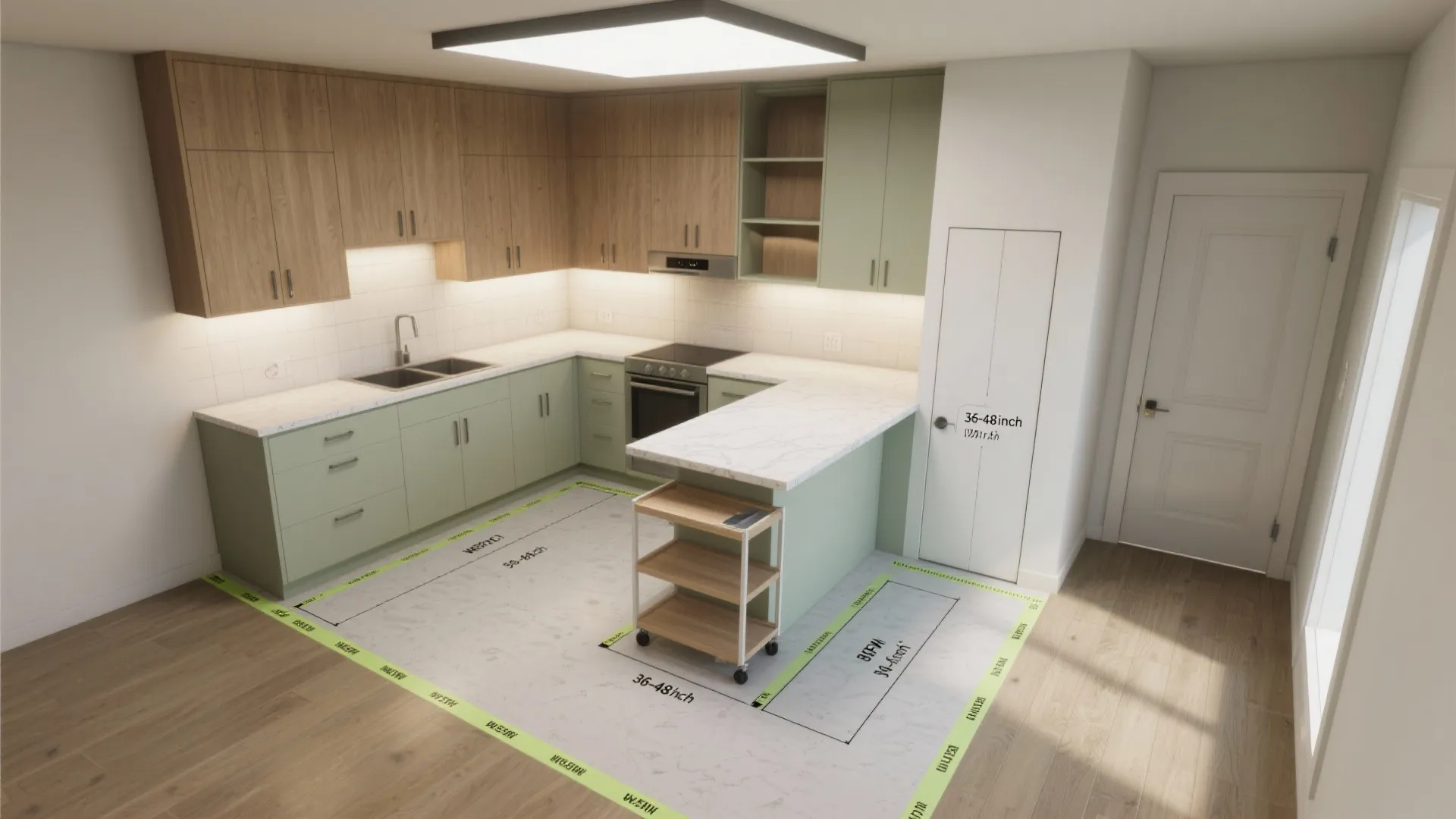 Interior design drawing of a green and wood kitchen showing floor plan measurements and layout